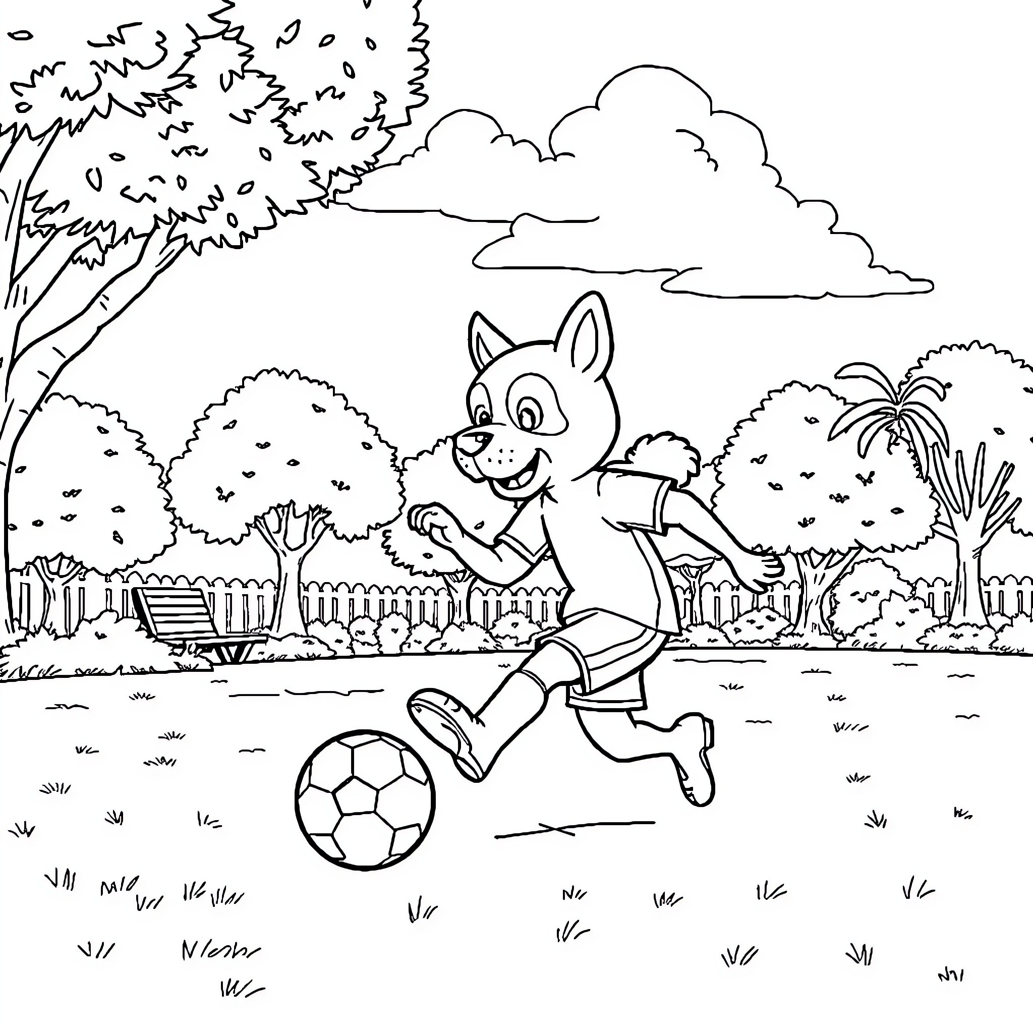 Labubu playing soccer in the park Coloring Page (free black-and-white line drawing printable PDF for all, from beginners to advanced learners, including children, teens, adults, and seniors)
