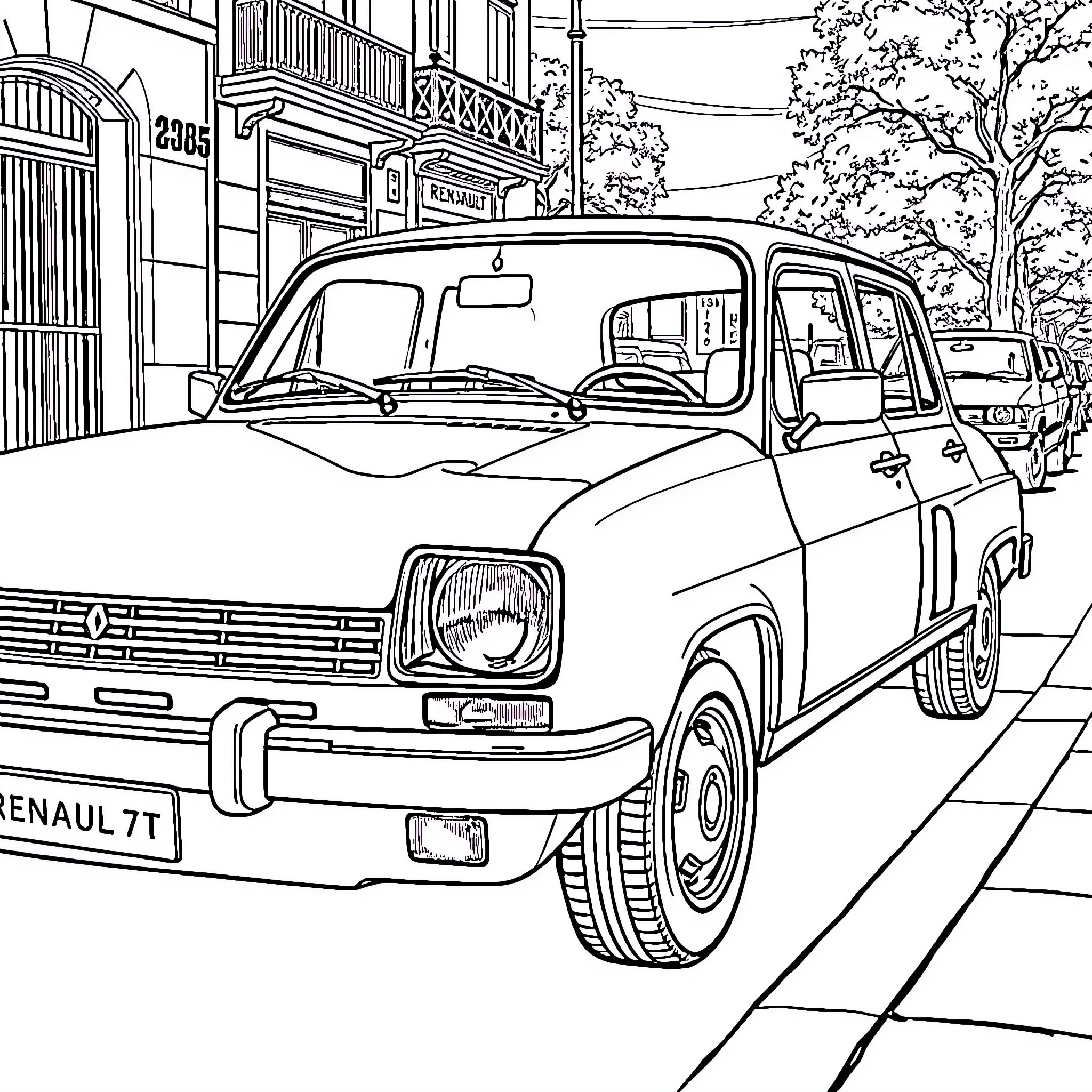 Renault 4 parked on a street near buildings Coloring Page (free black-and-white line drawing printable PDF for all, from beginners to advanced learners, including children, teens, adults, and seniors)