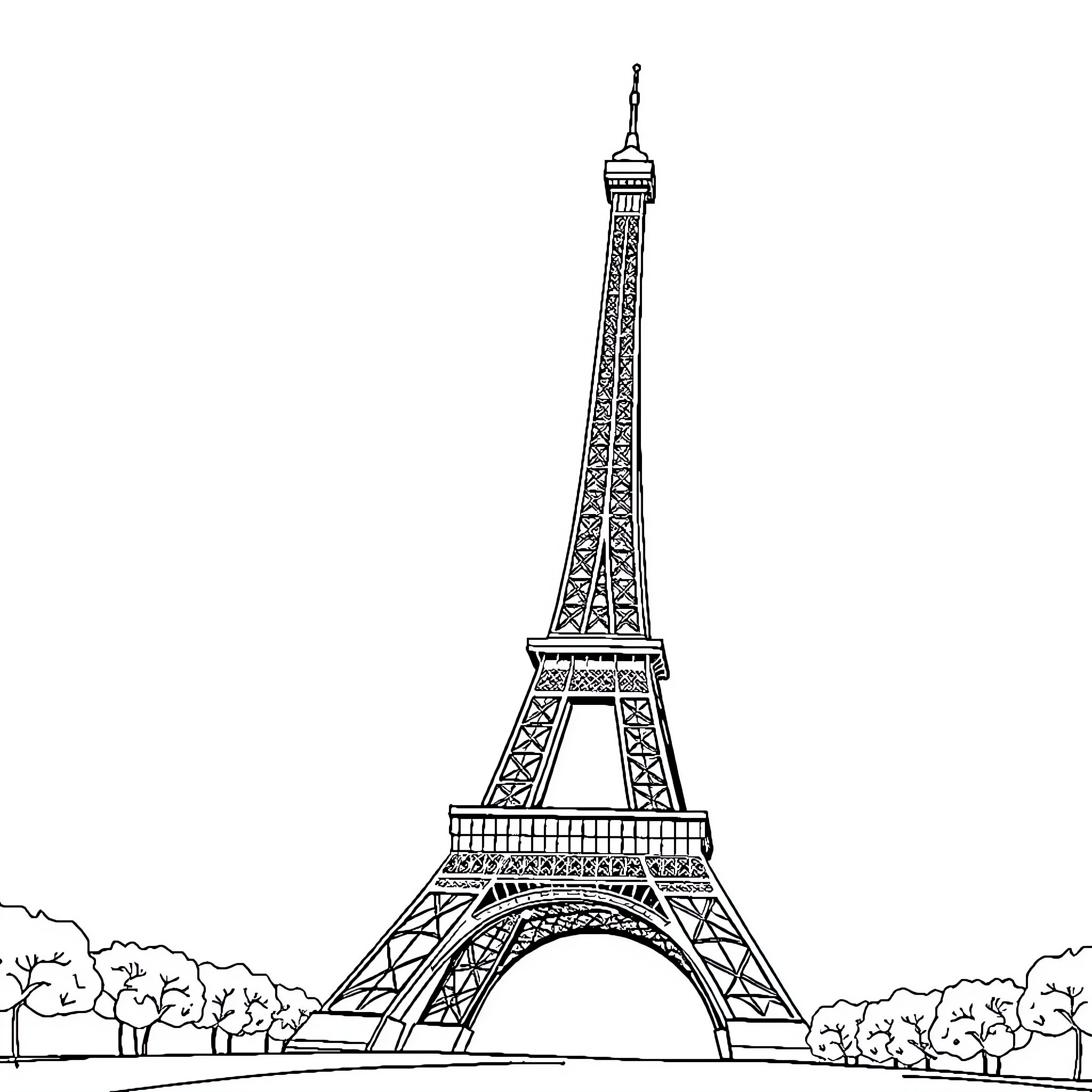 Banana-shaped Eiffel Tower in simple line drawing Coloring Page (free black-and-white line drawing printable PDF for all, from beginners to advanced learners, including children, teens, adults, and seniors)