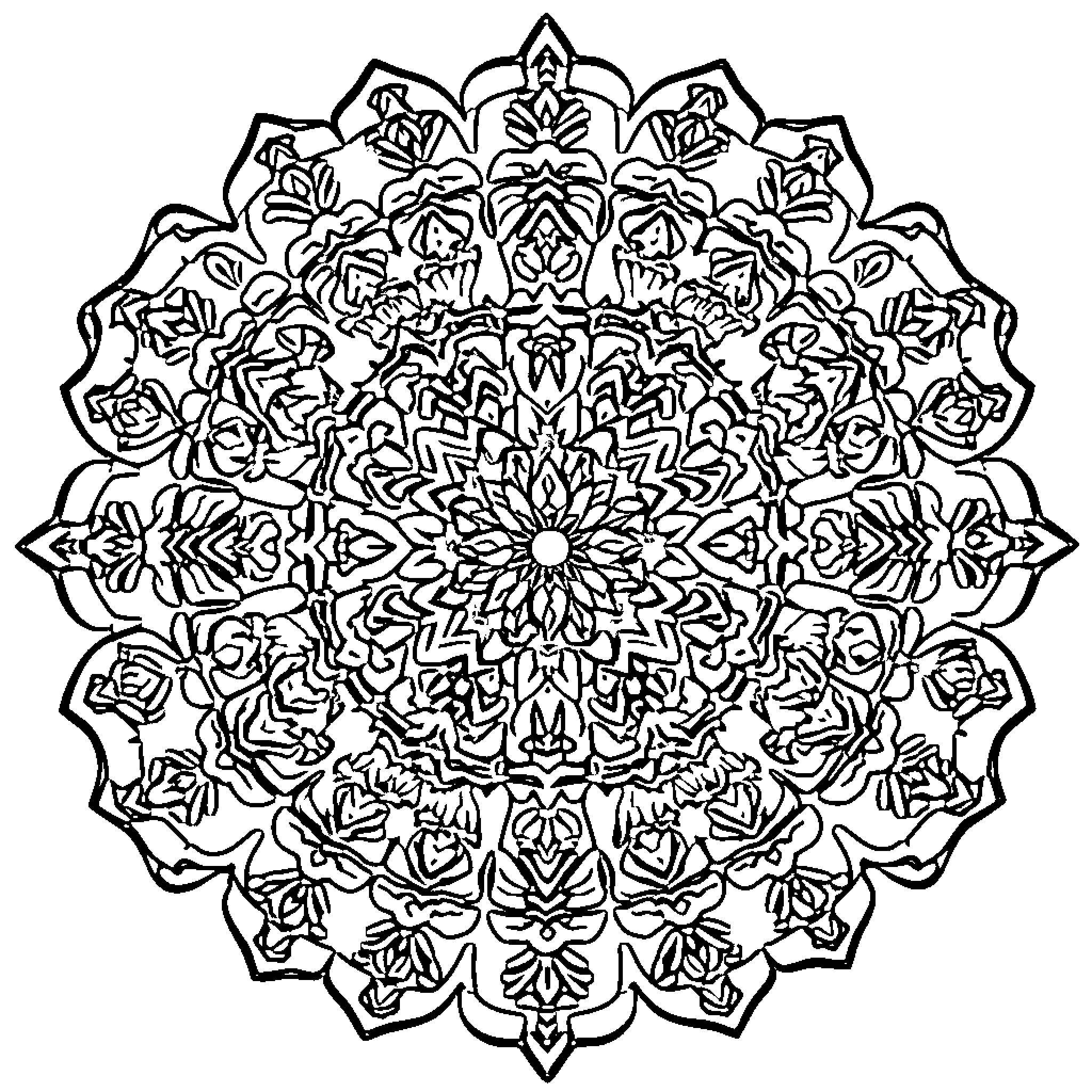 Mandala of intricate floral patterns Coloring Page (free black-and-white line drawing printable PDF for all, from beginners to advanced learners, including children, teens, adults, and seniors)