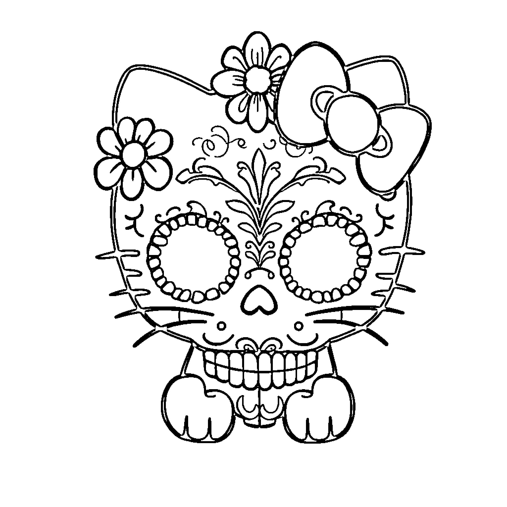 Hello Kitty Sugar Skull with Floral Accents Coloring Page (free black-and-white line drawing printable PDF for all, from beginners to advanced learners, including children, teens, adults, and seniors)
