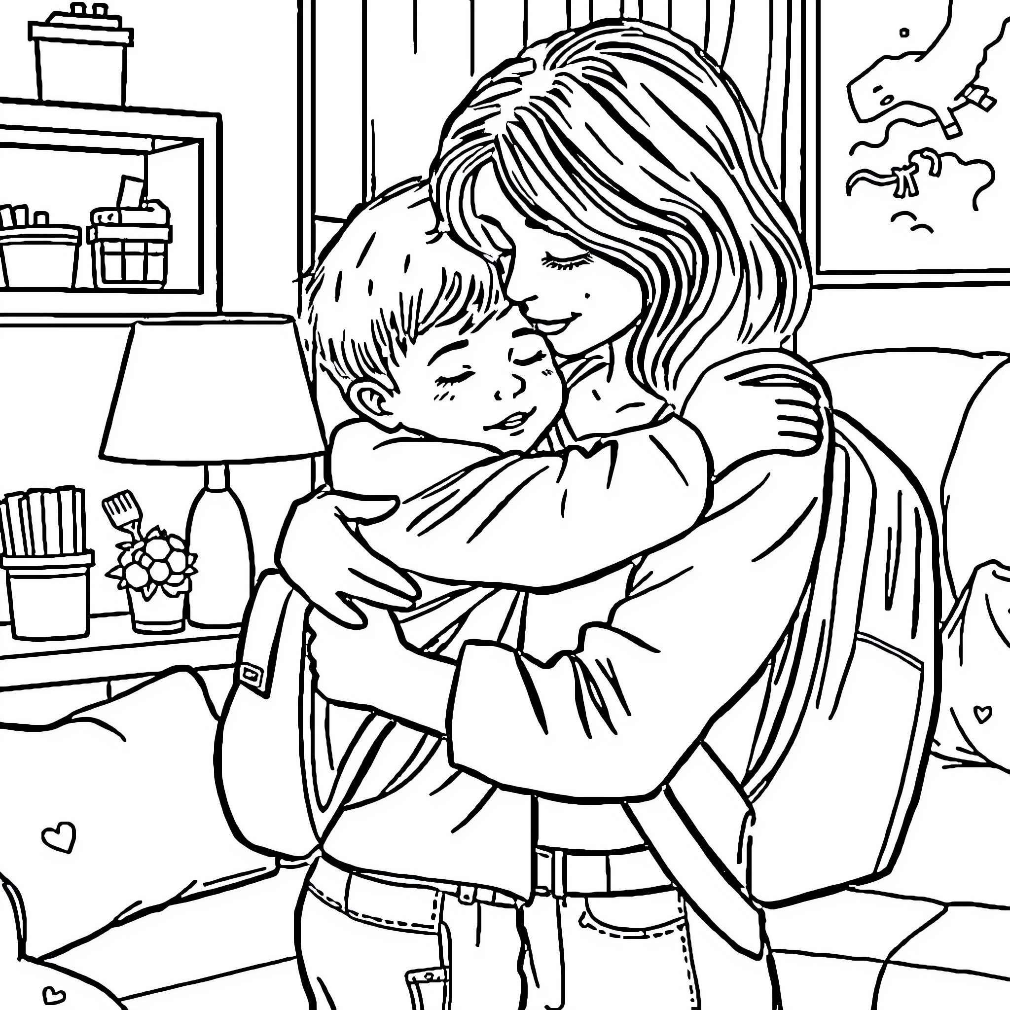 Mother tenderly embraces child in cozy home Coloring Page (free black-and-white line drawing printable PDF for all, from beginners to advanced learners, including children, teens, adults, and seniors)