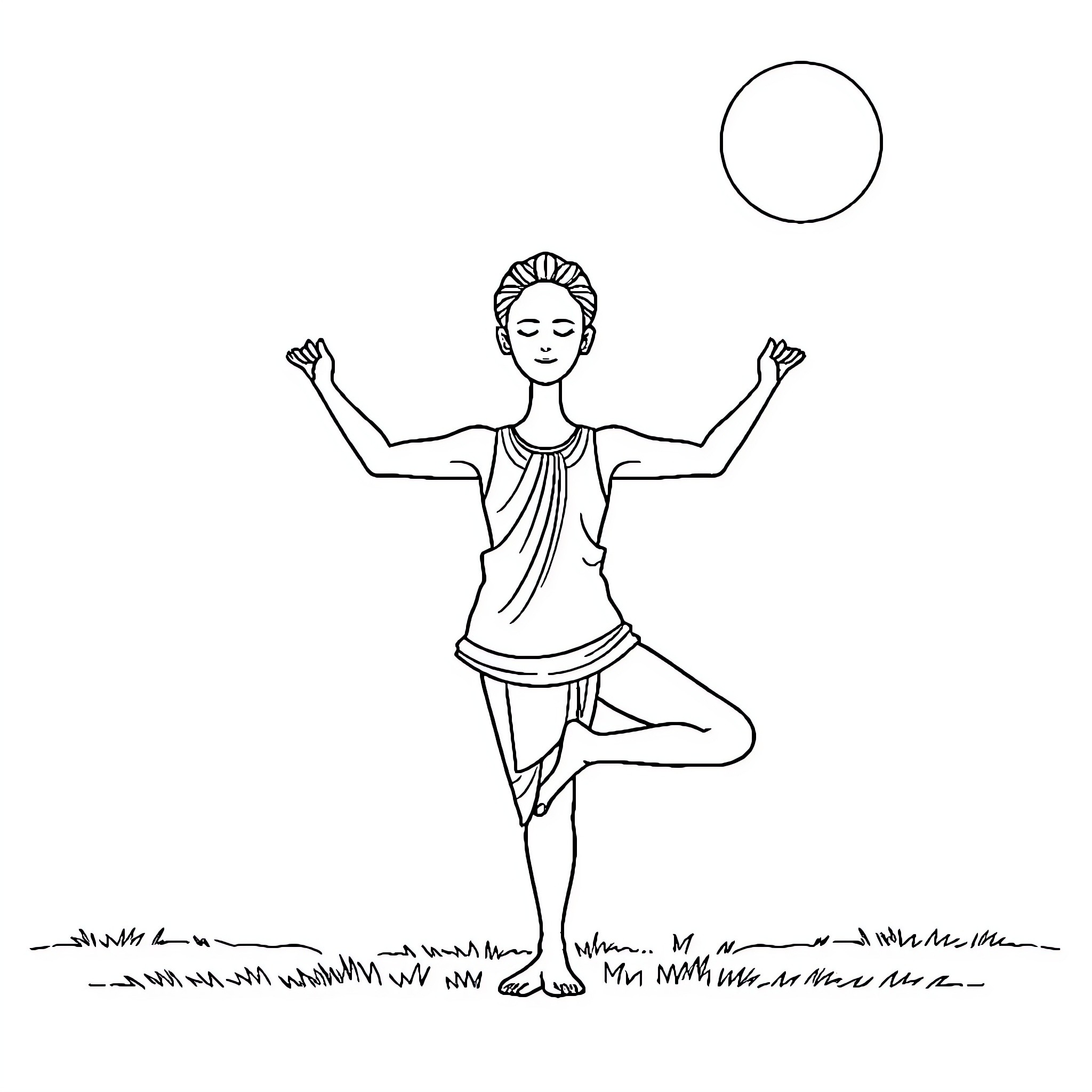 Yogi in serene meditation pose Coloring Page (free black-and-white line drawing printable PDF for all, from beginners to advanced learners, including children, teens, adults, and seniors)