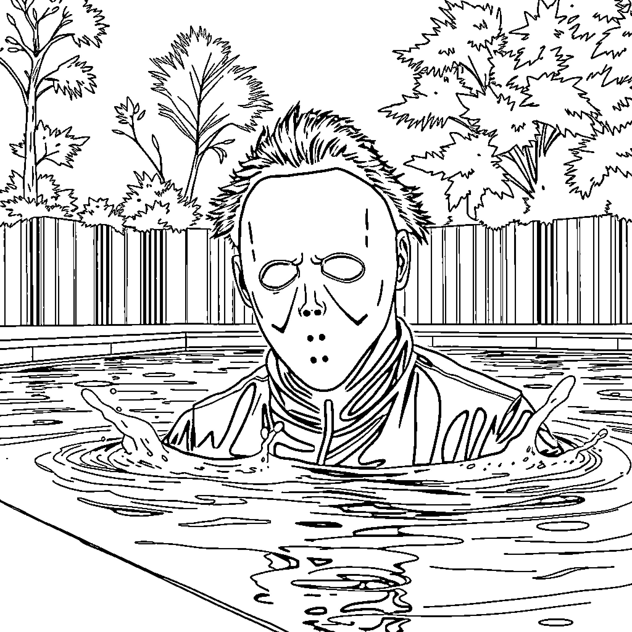 Michael Myers swimming in a pool with a menacing expression Coloring Page (free black-and-white line drawing printable PDF for all, from beginners to advanced learners, including children, teens, adults, and seniors)