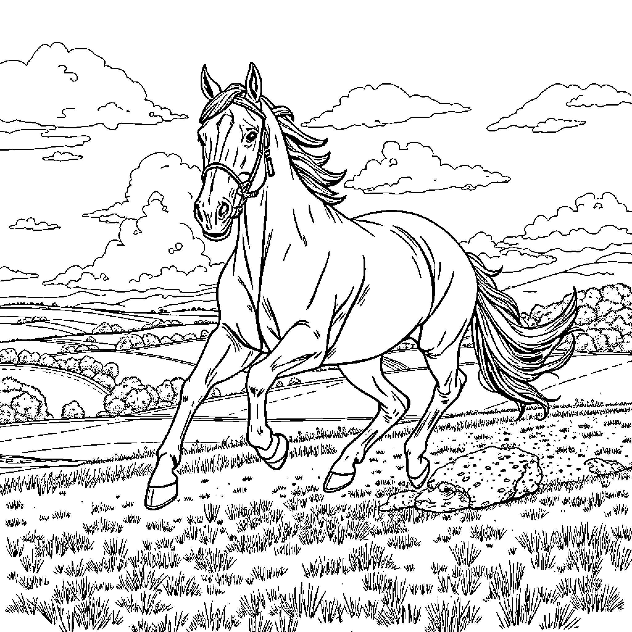 Polo Horse galloping through the countryside Coloring Page (free black-and-white line drawing printable PDF for all, from beginners to advanced learners, including children, teens, adults, and seniors)