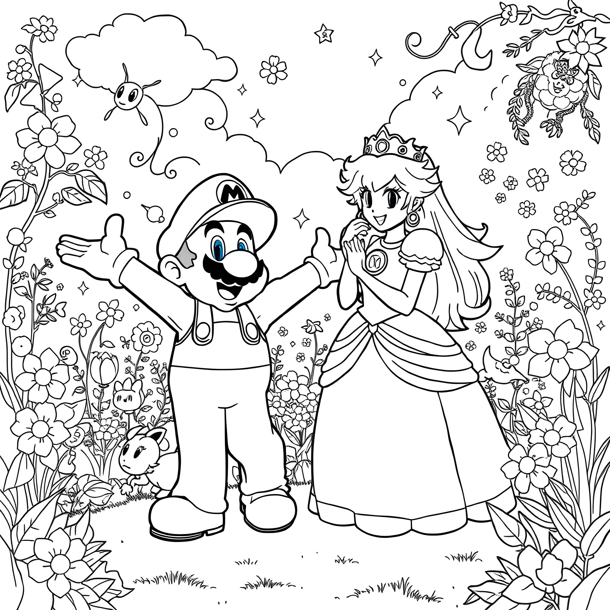 Mario and Princess Exploring the Magical Garden Coloring Page (free black-and-white line drawing printable PDF for all, from beginners to advanced learners, including children, teens, adults, and seniors)