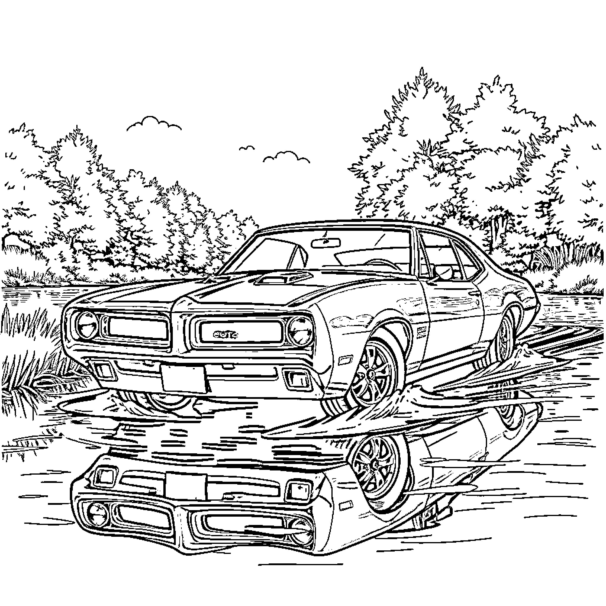 Pontiac GTO in a serene forest setting Coloring Page (free black-and-white line drawing printable PDF for all, from beginners to advanced learners, including children, teens, adults, and seniors)