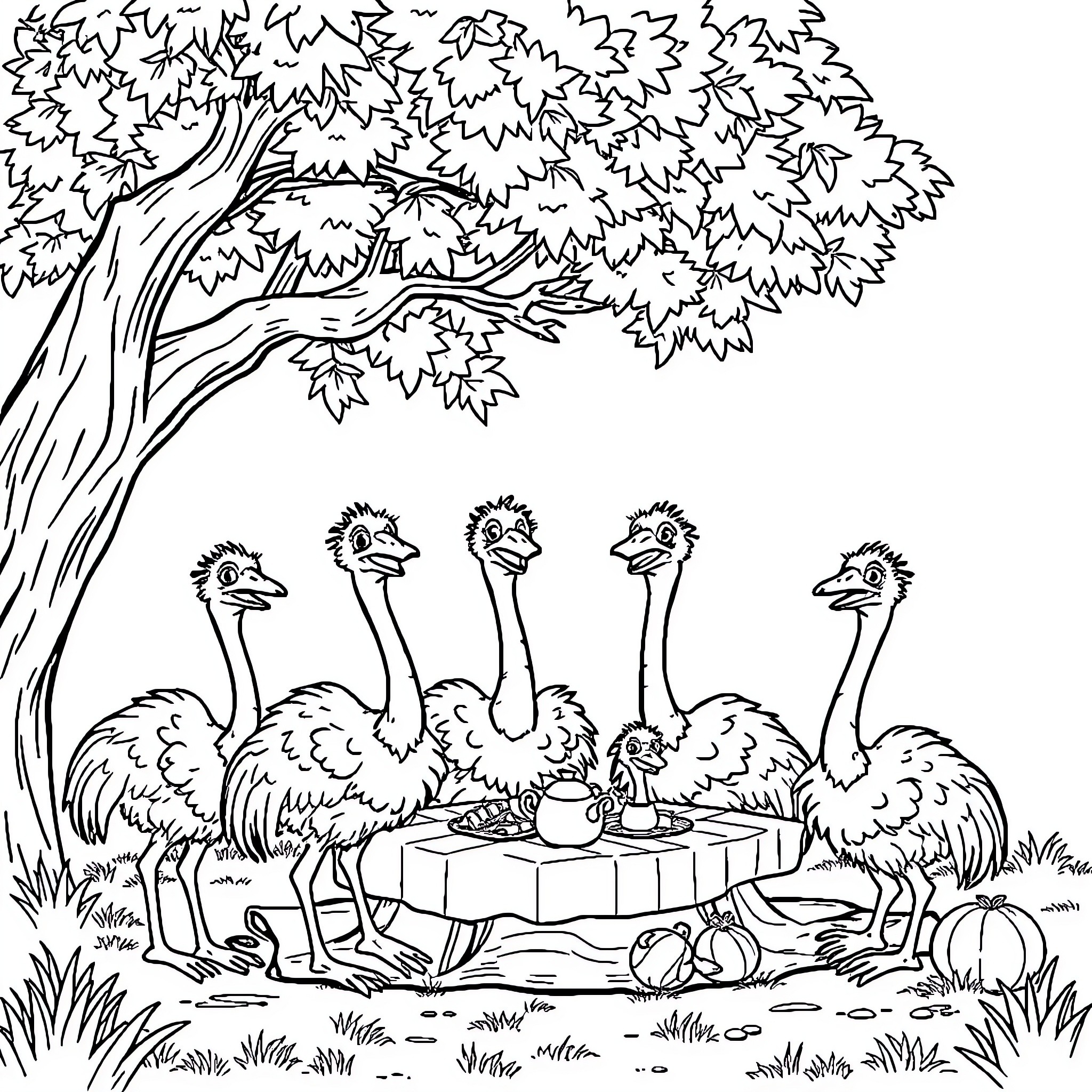 Ostrich family exploring the wooded area Coloring Page (free black-and-white line drawing printable PDF for all, from beginners to advanced learners, including children, teens, adults, and seniors)
