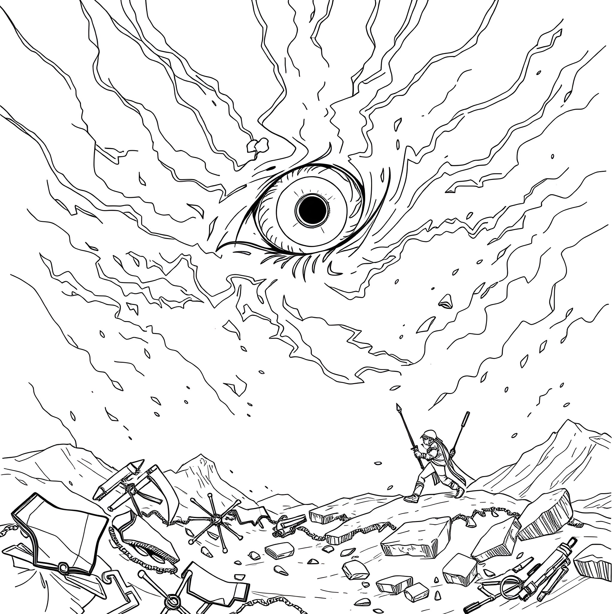 Eye-catching Celestial Clash in Rugged Terrain Coloring Page (free black-and-white line drawing printable PDF for all, from beginners to advanced learners, including children, teens, adults, and seniors)