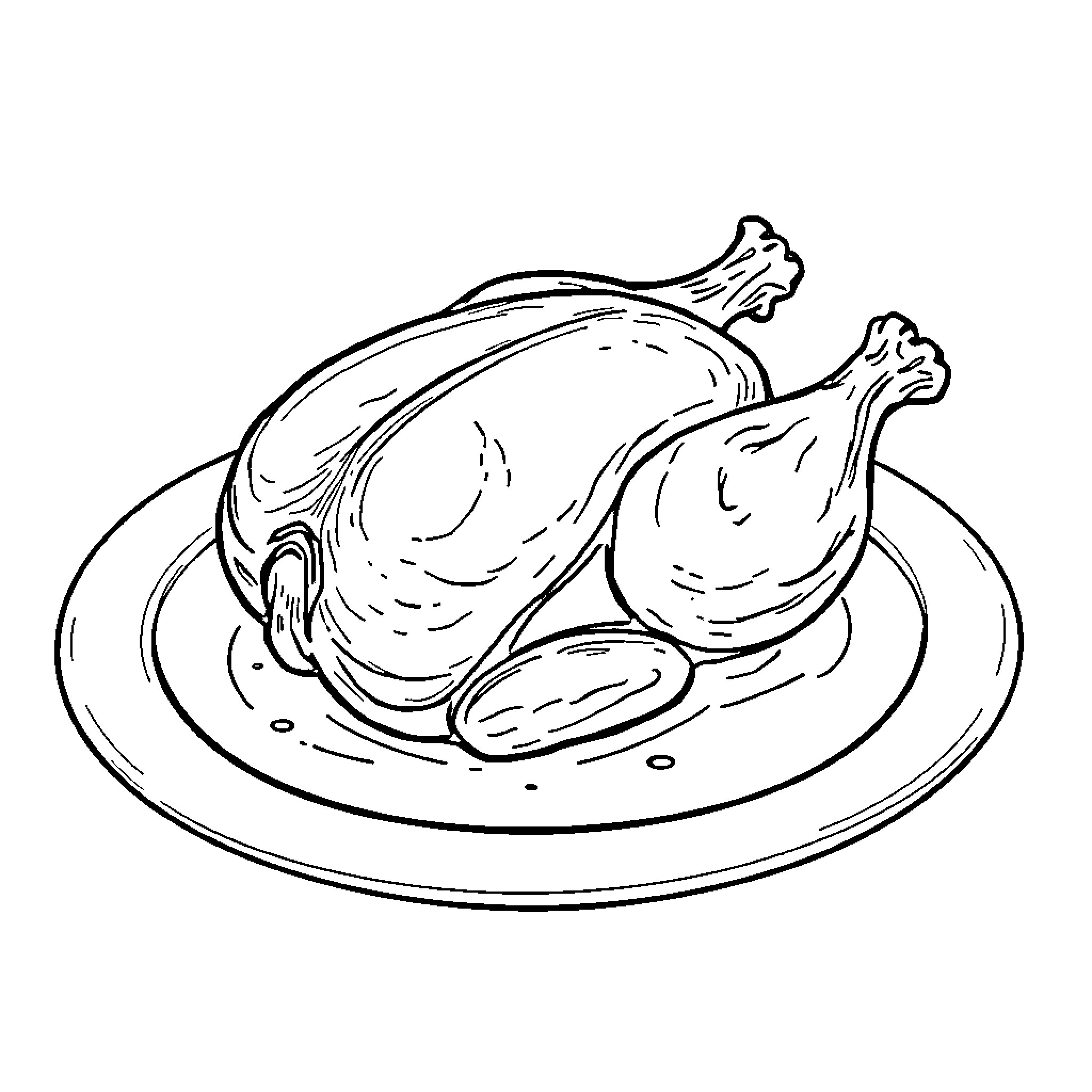 Chicken roasted on a plate Coloring Page (free black-and-white line drawing printable PDF for all, from beginners to advanced learners, including children, teens, adults, and seniors)