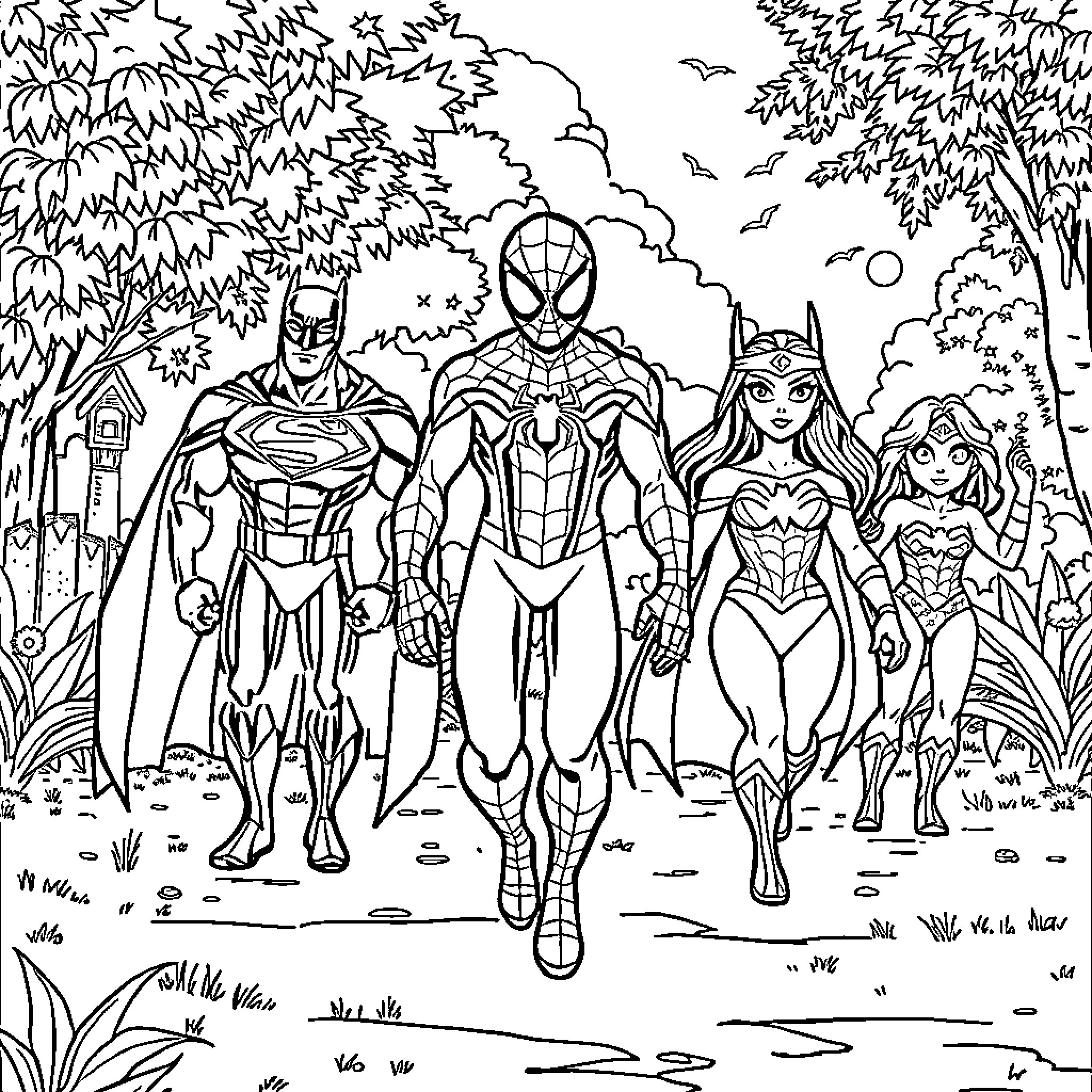 Spiderman and superhero friends in an outdoor adventure Coloring Page (free black-and-white line drawing printable PDF for all, from beginners to advanced learners, including children, teens, adults, and seniors)
