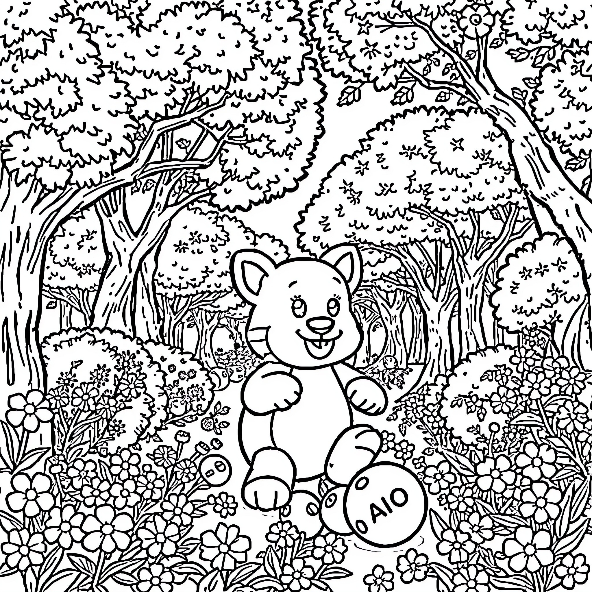 Bingo's Enchanting Forest Adventure Coloring Page (free black-and-white line drawing printable PDF for all, from beginners to advanced learners, including children, teens, adults, and seniors)