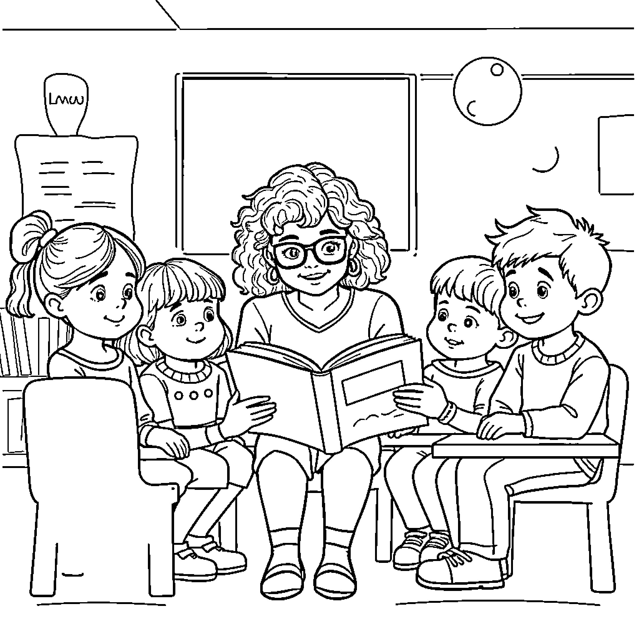Girl Reading Storybook to Children in Classroom Coloring Page (free black-and-white line drawing printable PDF for all, from beginners to advanced learners, including children, teens, adults, and seniors)
