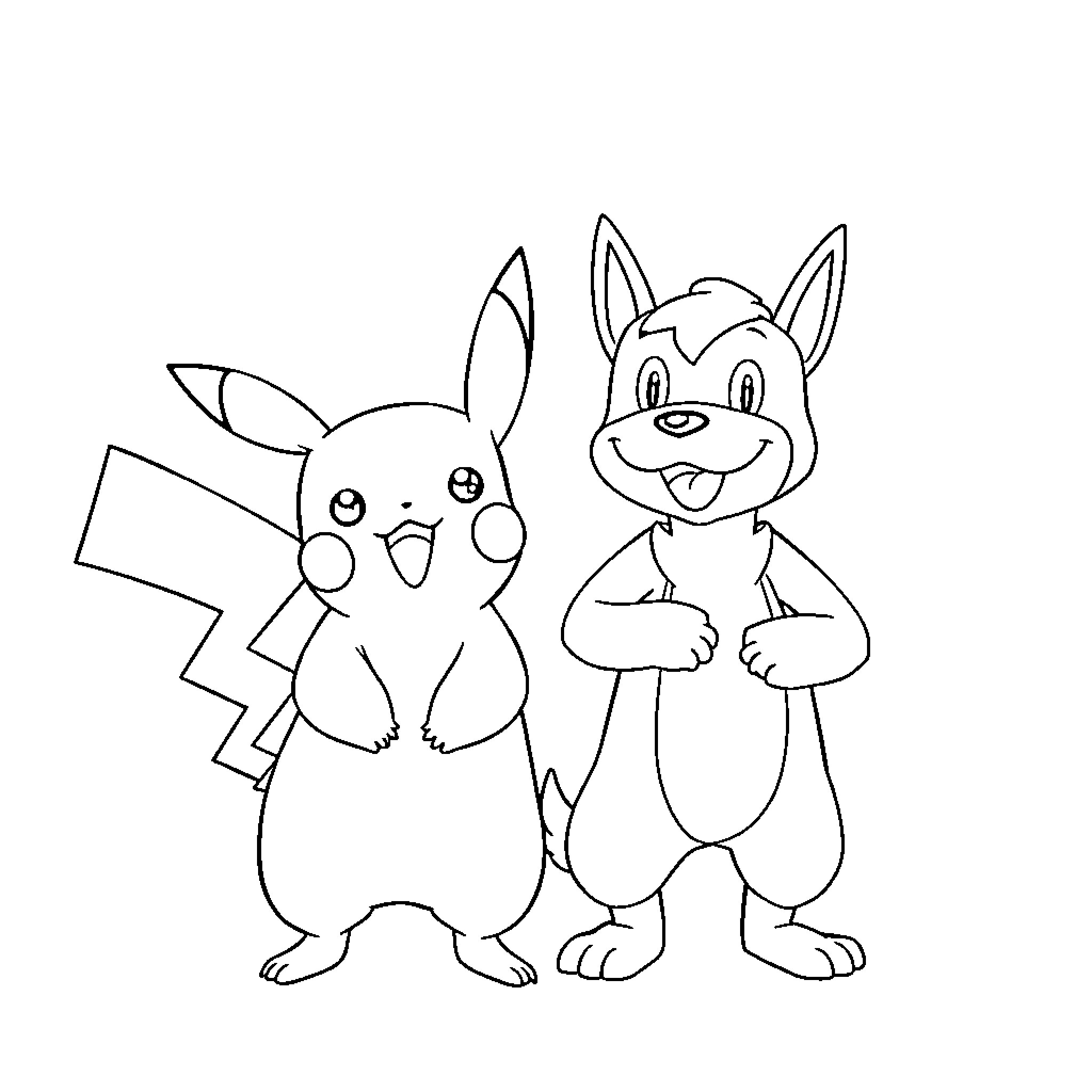 Pikachu and friend in playful poses Coloring Page (free black-and-white line drawing printable PDF for all, from beginners to advanced learners, including children, teens, adults, and seniors)
