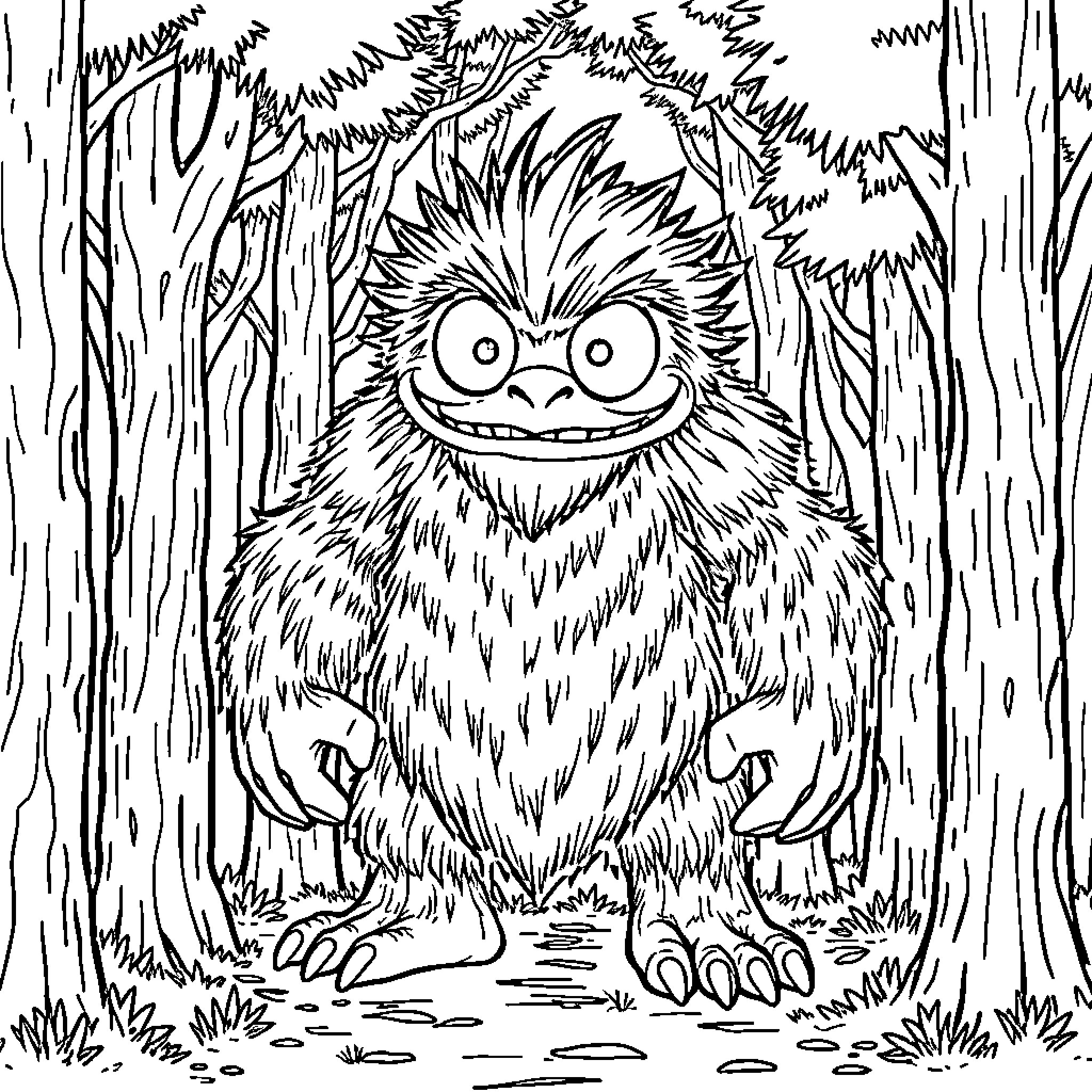 Tartalo's Playful Encounter in the Enchanted Forest Coloring Page (free black-and-white line drawing printable PDF for all, from beginners to advanced learners, including children, teens, adults, and seniors)