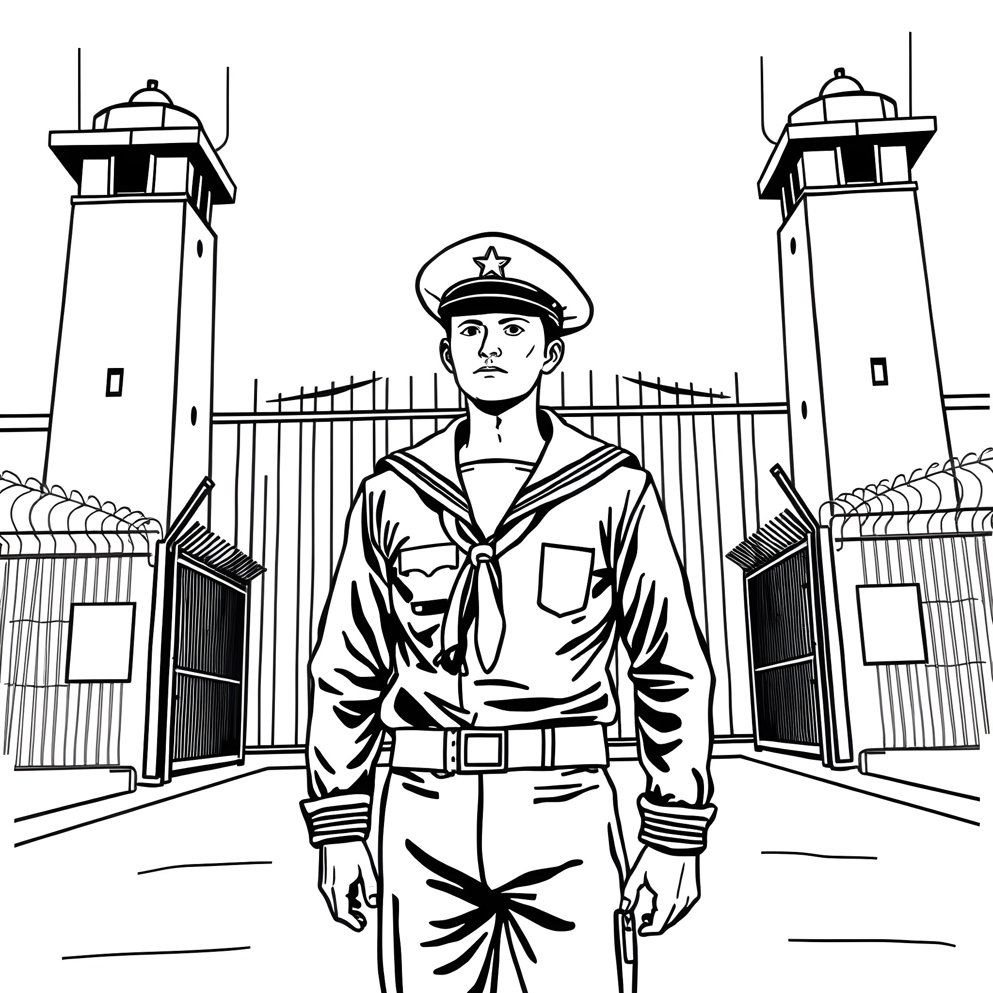 Sailor standing guard at the gates Coloring Page (free black-and-white line drawing printable PDF for all, from beginners to advanced learners, including children, teens, adults, and seniors)