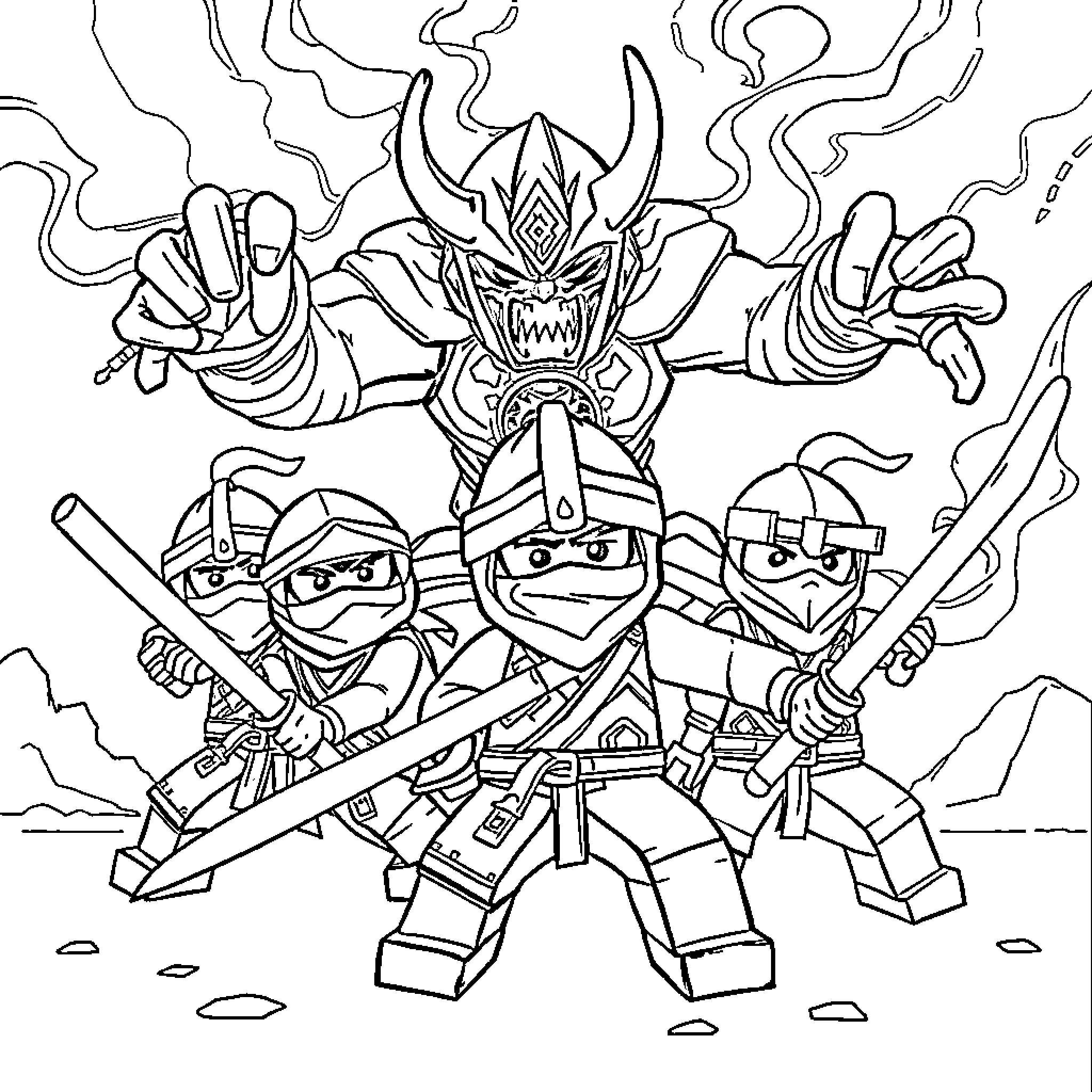 Ninja warriors battle a fierce dragon Coloring Page (free black-and-white line drawing printable PDF for all, from beginners to advanced learners, including children, teens, adults, and seniors)