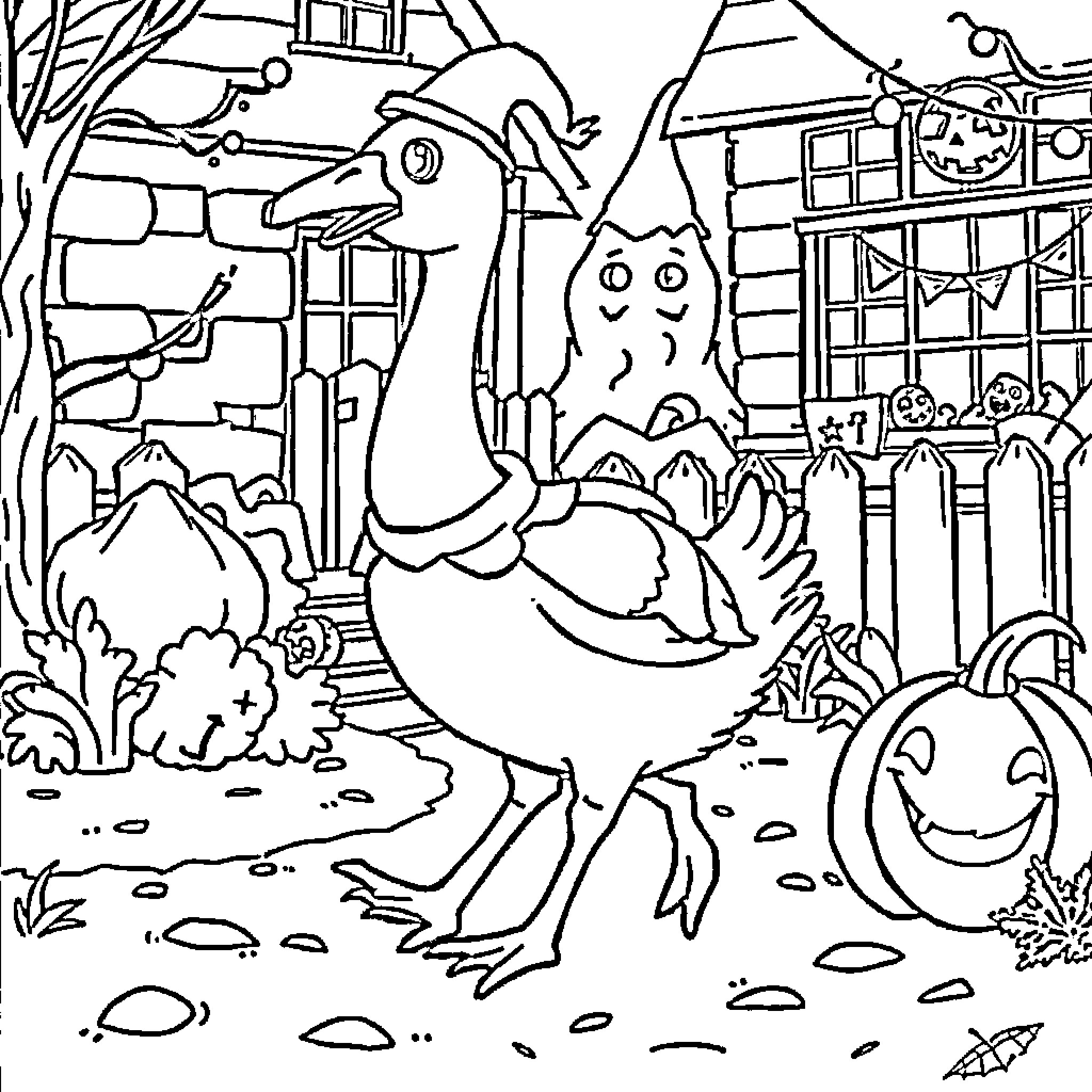 Goose exploring a spooky autumn scene Coloring Page (free black-and-white line drawing printable PDF for all, from beginners to advanced learners, including children, teens, adults, and seniors)