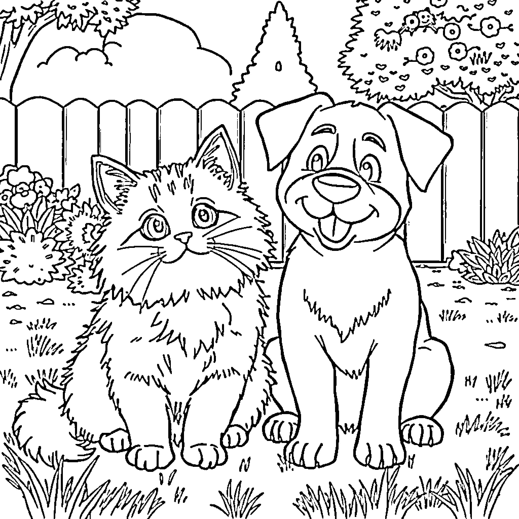 Cat and Dog Enjoying the Outdoors Coloring Page (free black-and-white line drawing printable PDF for all, from beginners to advanced learners, including children, teens, adults, and seniors)