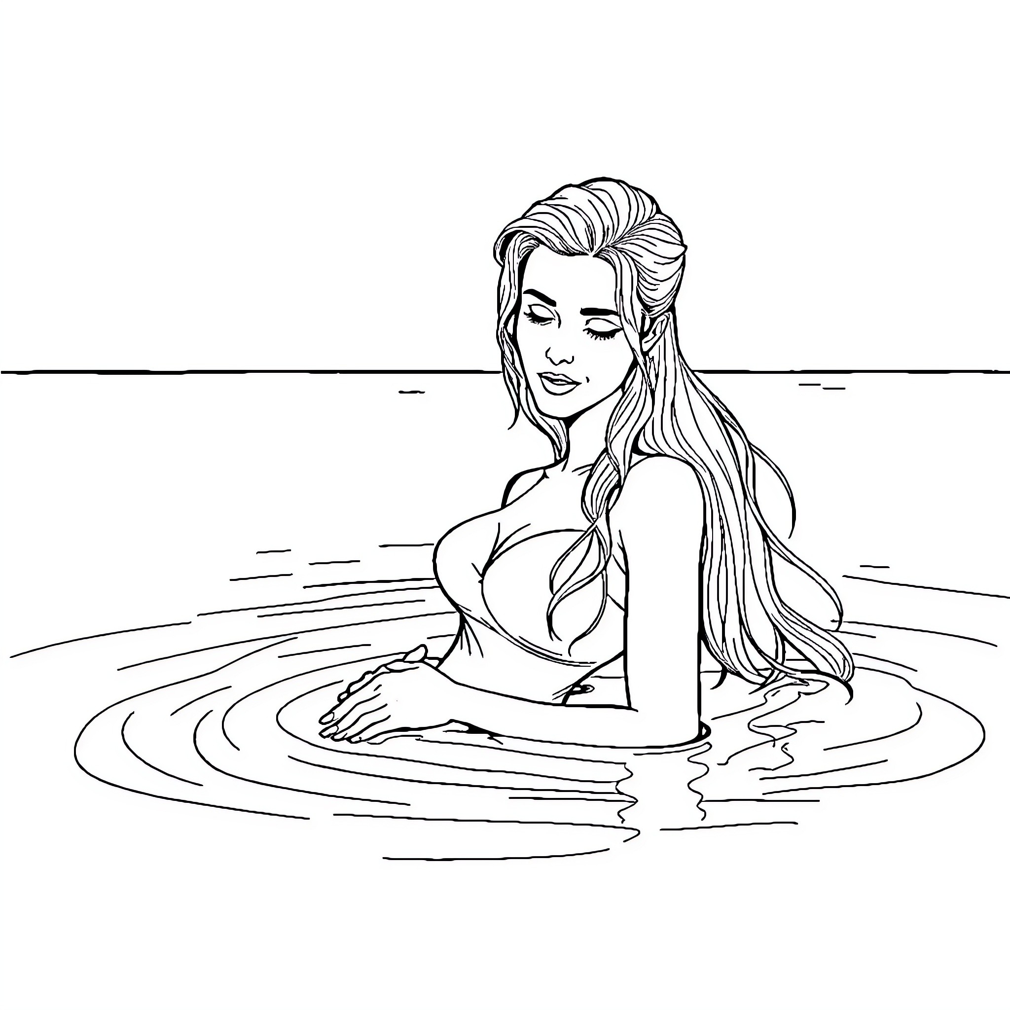 Couple relaxing in tranquil waters Coloring Page (free black-and-white line drawing printable PDF for all, from beginners to advanced learners, including children, teens, adults, and seniors)