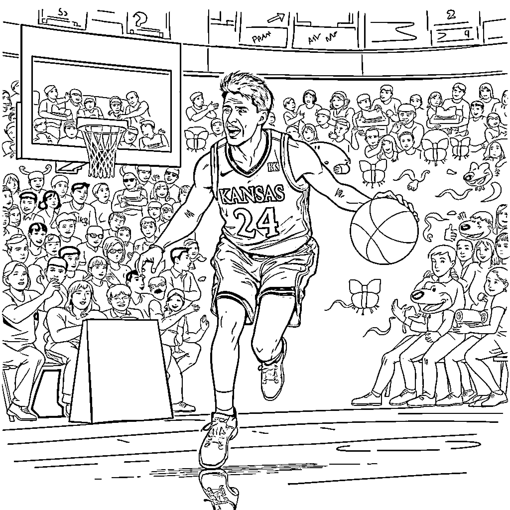 Jayhawk basketball player in action on the court Coloring Page (free black-and-white line drawing printable PDF for all, from beginners to advanced learners, including children, teens, adults, and seniors)