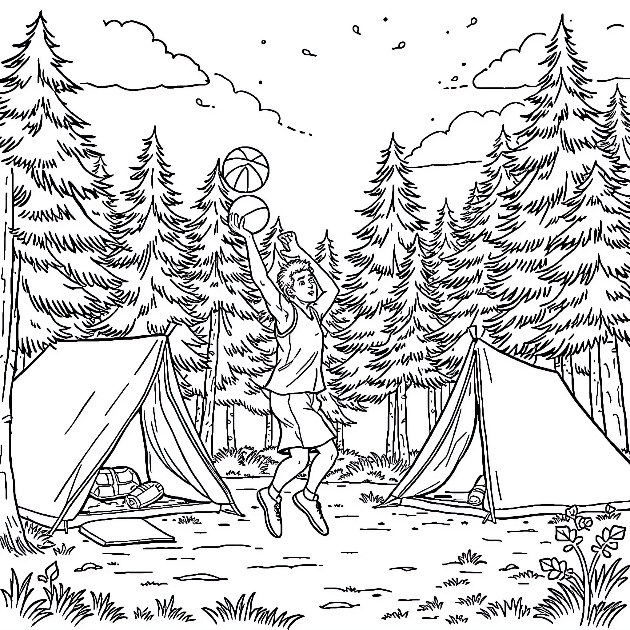 Basketball players enjoying outdoor adventures in nature Coloring Page (free black-and-white line drawing printable PDF for all, from beginners to advanced learners, including children, teens, adults, and seniors)