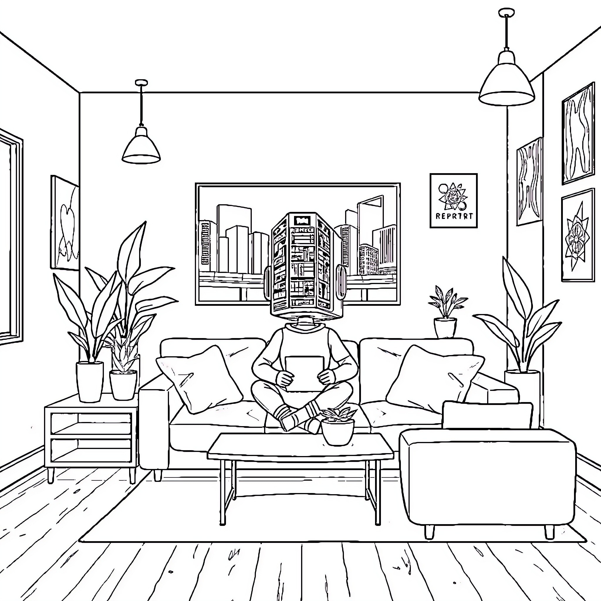Cartoon Character relaxing in cozy living room Coloring Page (free black-and-white line drawing printable PDF for all, from beginners to advanced learners, including children, teens, adults, and seniors)
