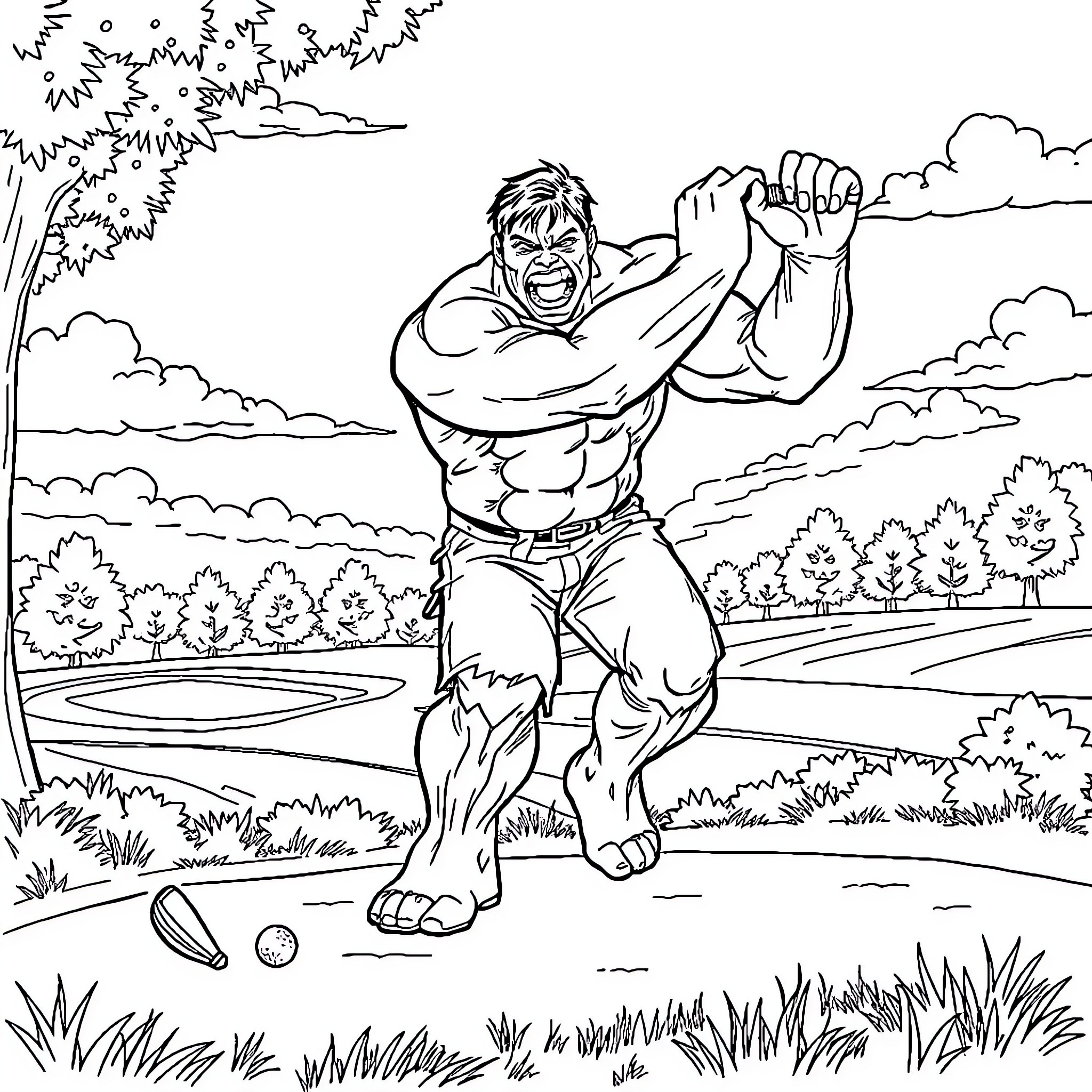 Hulk Unleashes His Might in Nature's Embrace Coloring Page (free black-and-white line drawing printable PDF for all, from beginners to advanced learners, including children, teens, adults, and seniors)