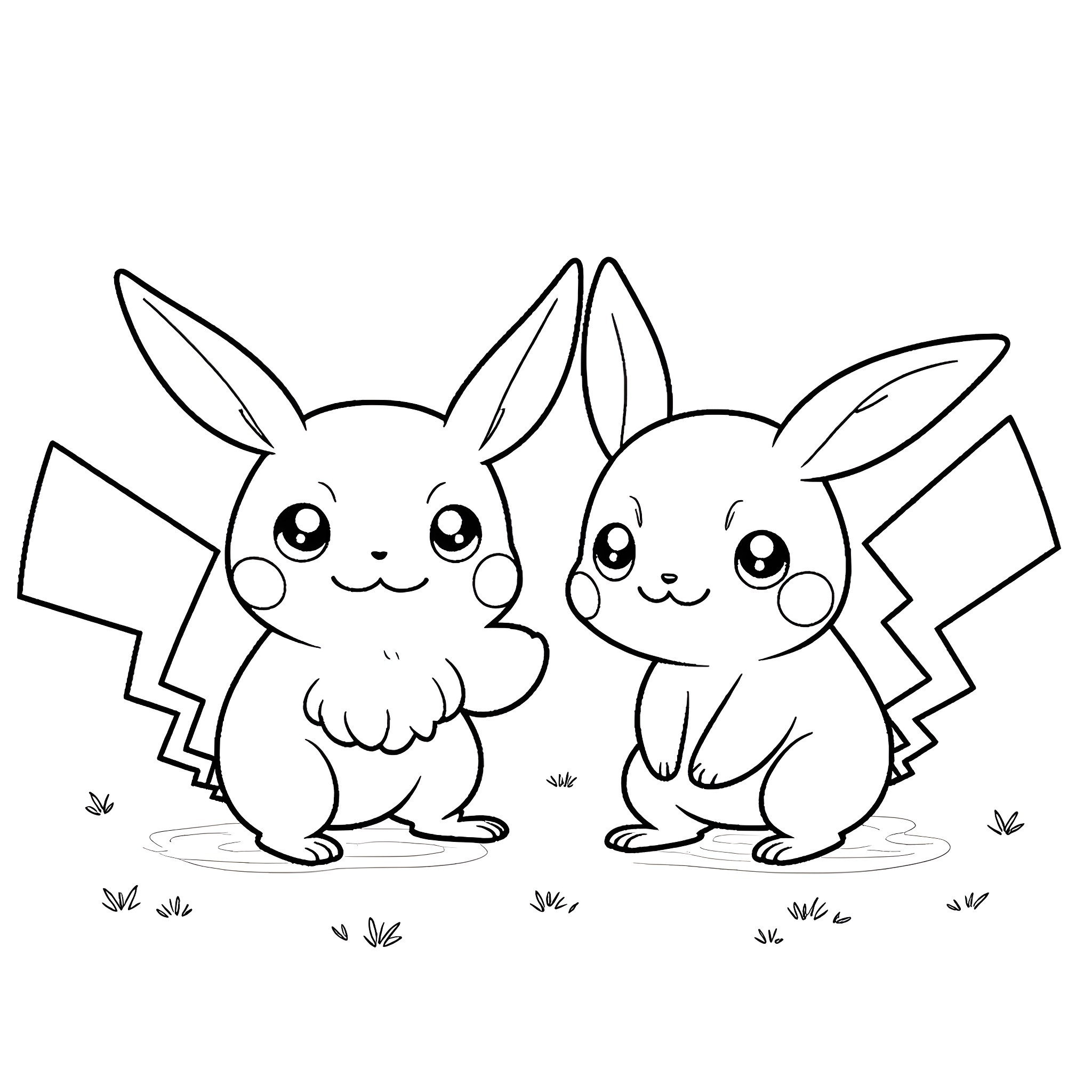 Baby Pokemon playing happily in the field Coloring Page (free black-and-white line drawing printable PDF for all, from beginners to advanced learners, including children, teens, adults, and seniors)