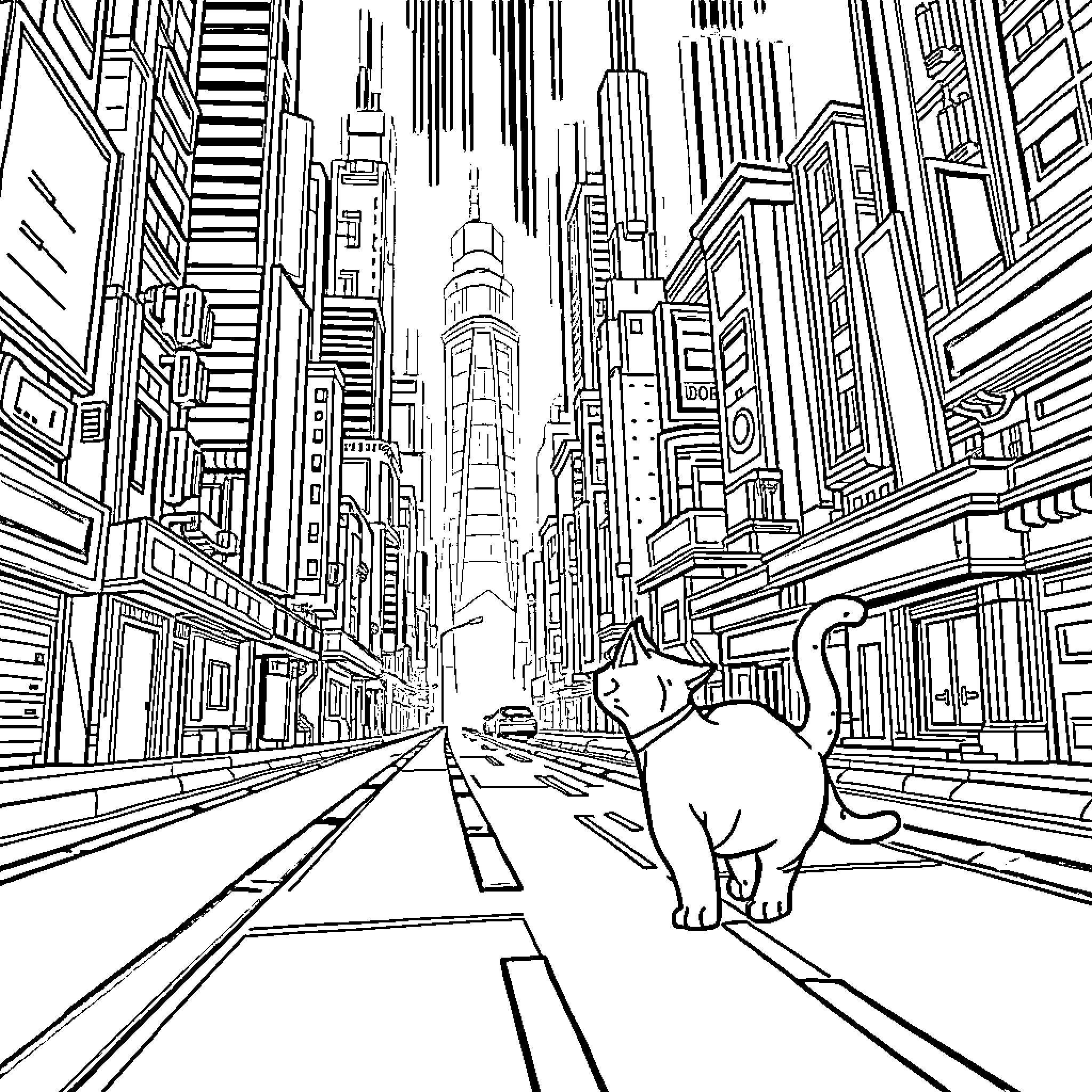 Cat exploring the bustling city streets Coloring Page (free black-and-white line drawing printable PDF for all, from beginners to advanced learners, including children, teens, adults, and seniors)
