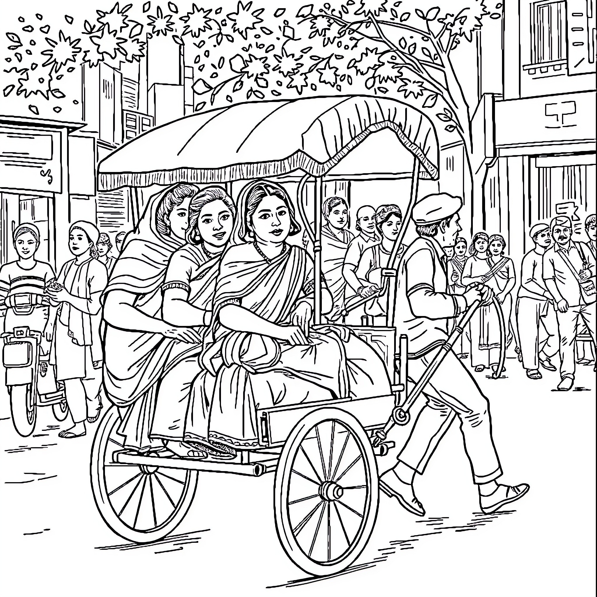 Rickshaw carrying passengers through a bustling city scene Coloring Page (free black-and-white line drawing printable PDF for all, from beginners to advanced learners, including children, teens, adults, and seniors)