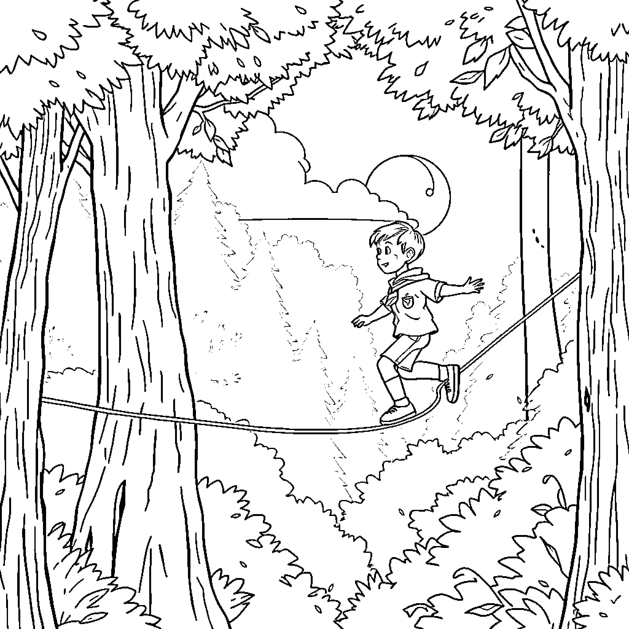 Cub Scout adventuring across the forest rope bridge Coloring Page (free black-and-white line drawing printable PDF for all, from beginners to advanced learners, including children, teens, adults, and seniors)