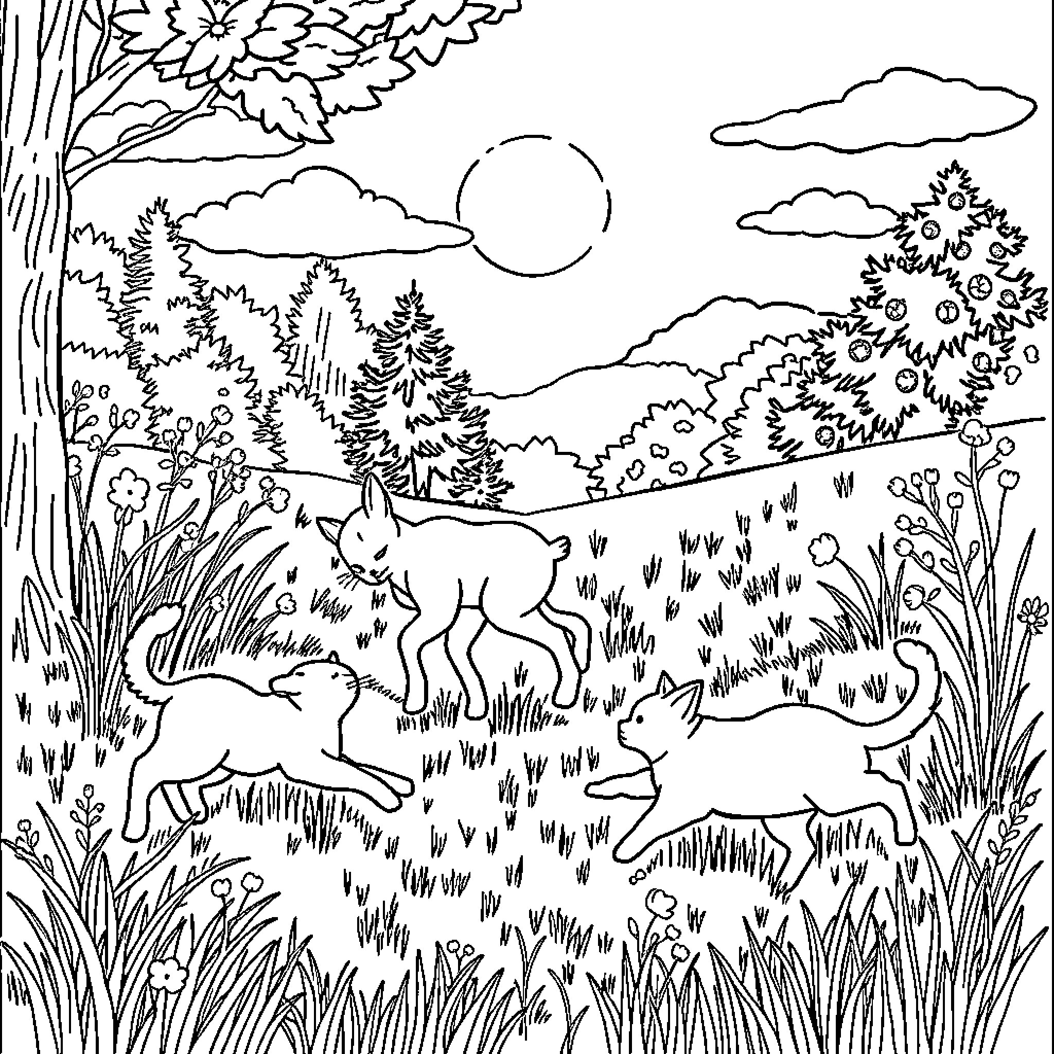 Cat Enjoying the Serene Forest Scene Coloring Page (free black-and-white line drawing printable PDF for all, from beginners to advanced learners, including children, teens, adults, and seniors)