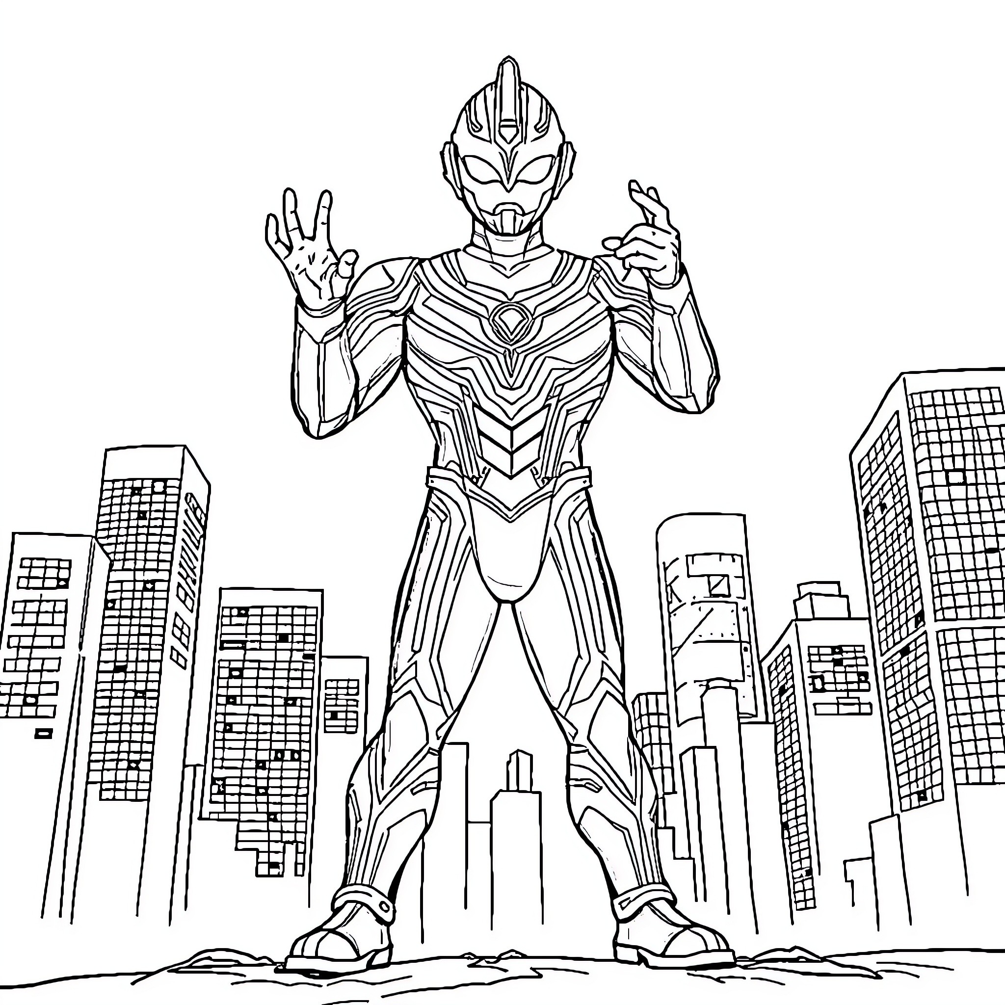 Ultraman heroically stands before the city skyline Coloring Page (free black-and-white line drawing printable PDF for all, from beginners to advanced learners, including children, teens, adults, and seniors)
