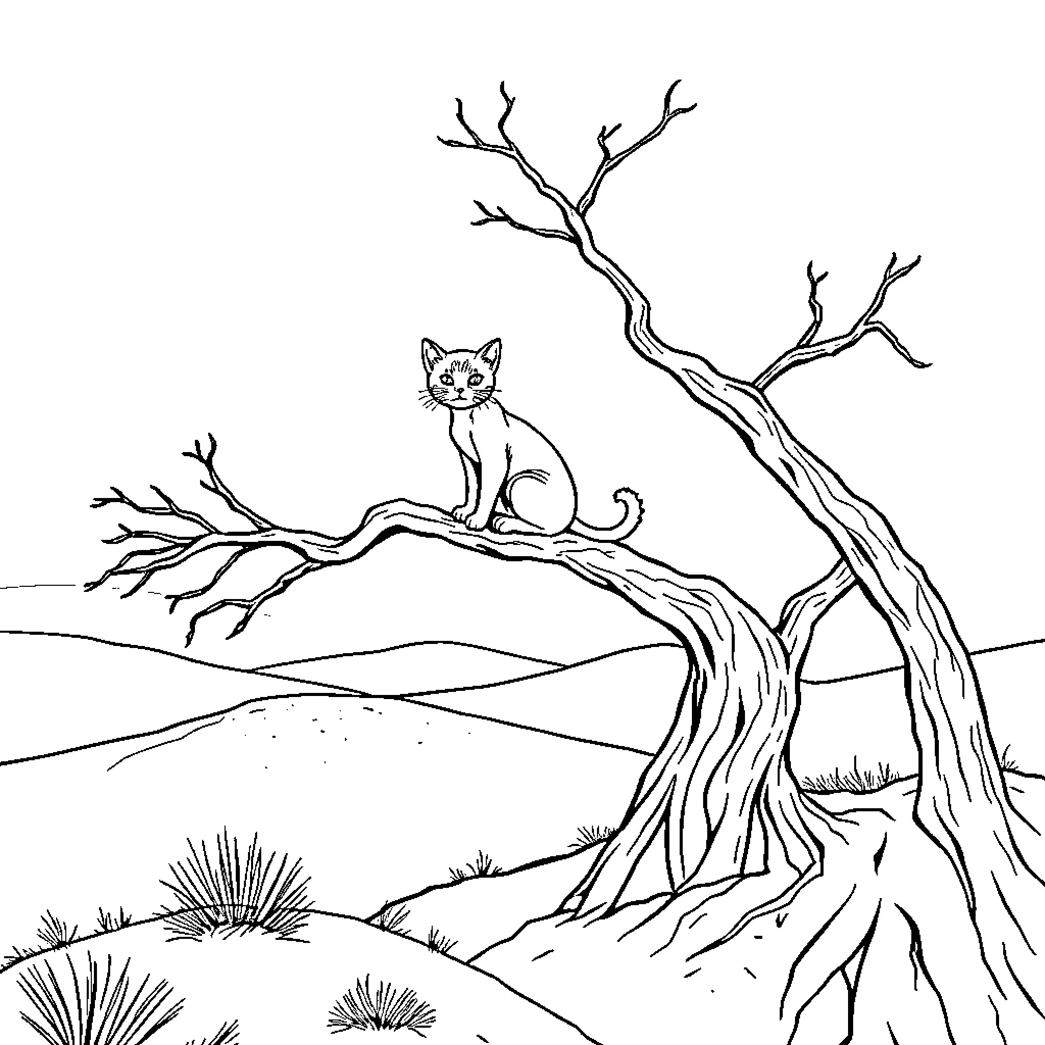 Cat sitting on a twisted tree branch in the wild Coloring Page (free black-and-white line drawing printable PDF for all, from beginners to advanced learners, including children, teens, adults, and seniors)