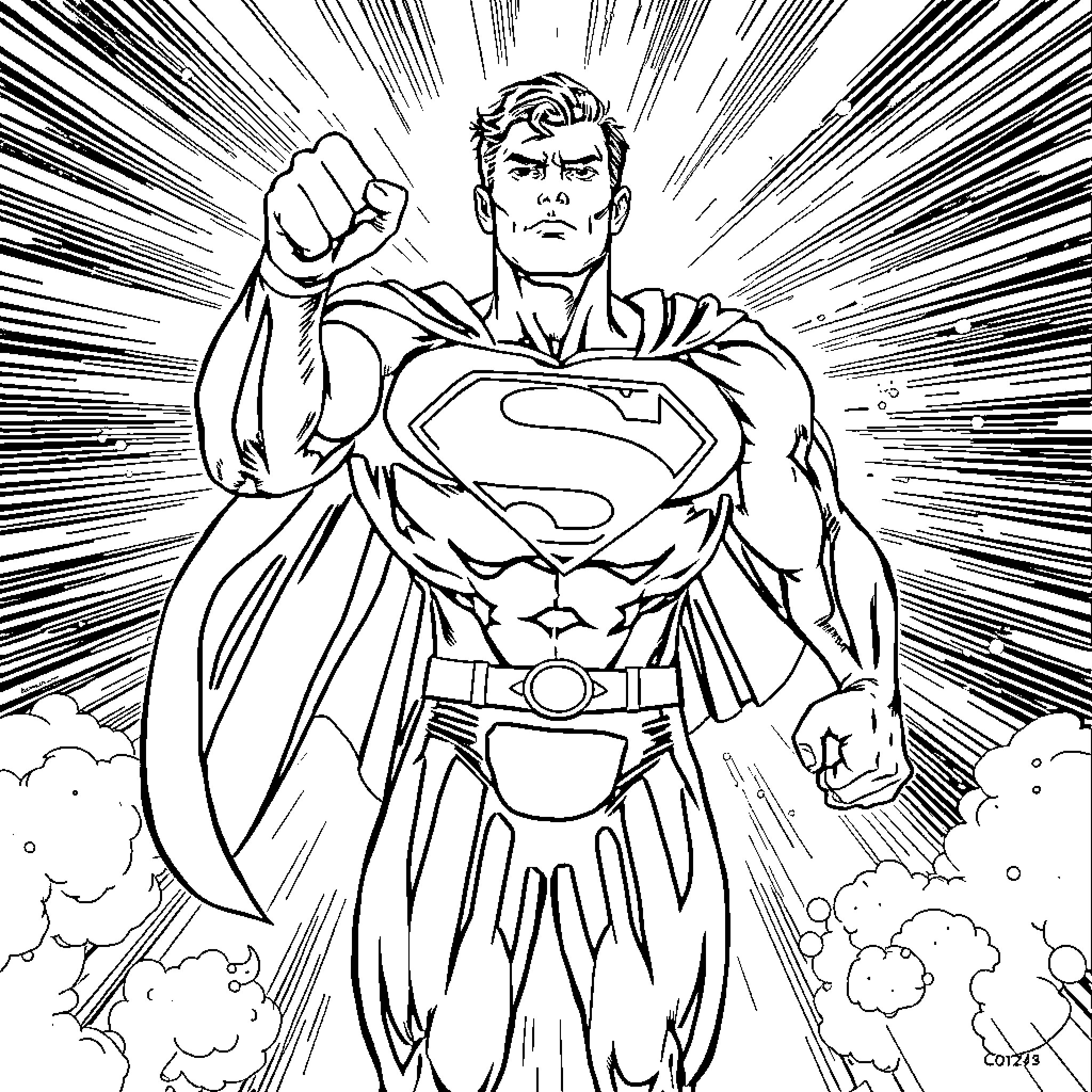 Superman in heroic action pose Coloring Page (free black-and-white line drawing printable PDF for all, from beginners to advanced learners, including children, teens, adults, and seniors)