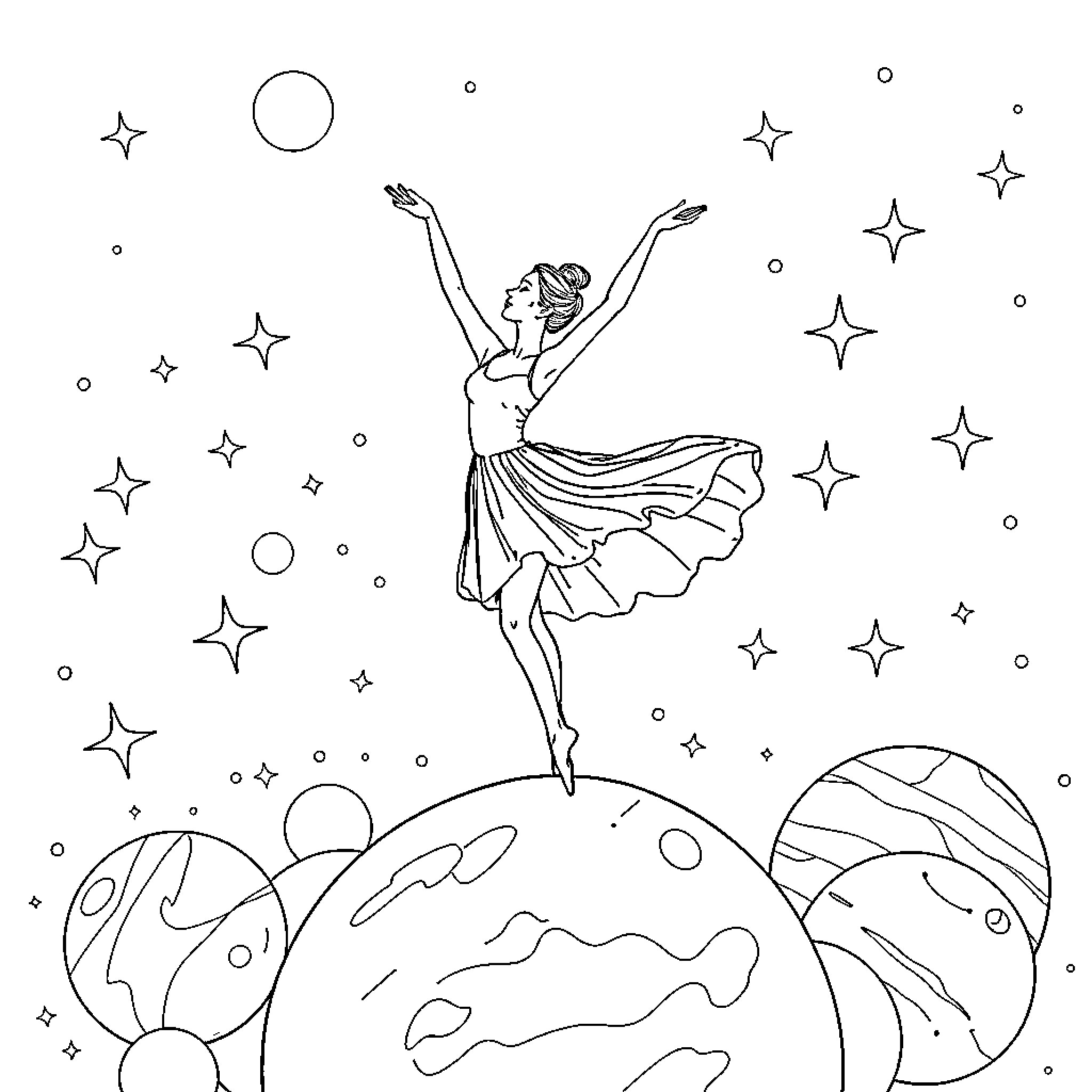 Ballerina performing on a cosmic stage Coloring Page (free black-and-white line drawing printable PDF for all, from beginners to advanced learners, including children, teens, adults, and seniors)