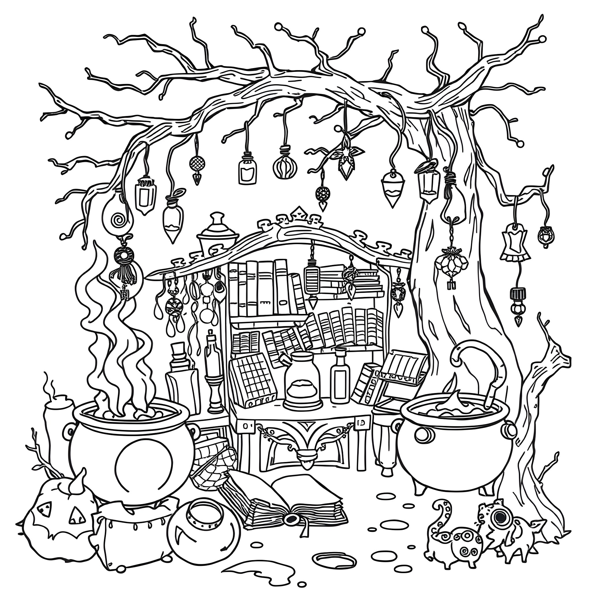 Witch's Enchanted Forest Workspace Coloring Page (free black-and-white line drawing printable PDF for all, from beginners to advanced learners, including children, teens, adults, and seniors)