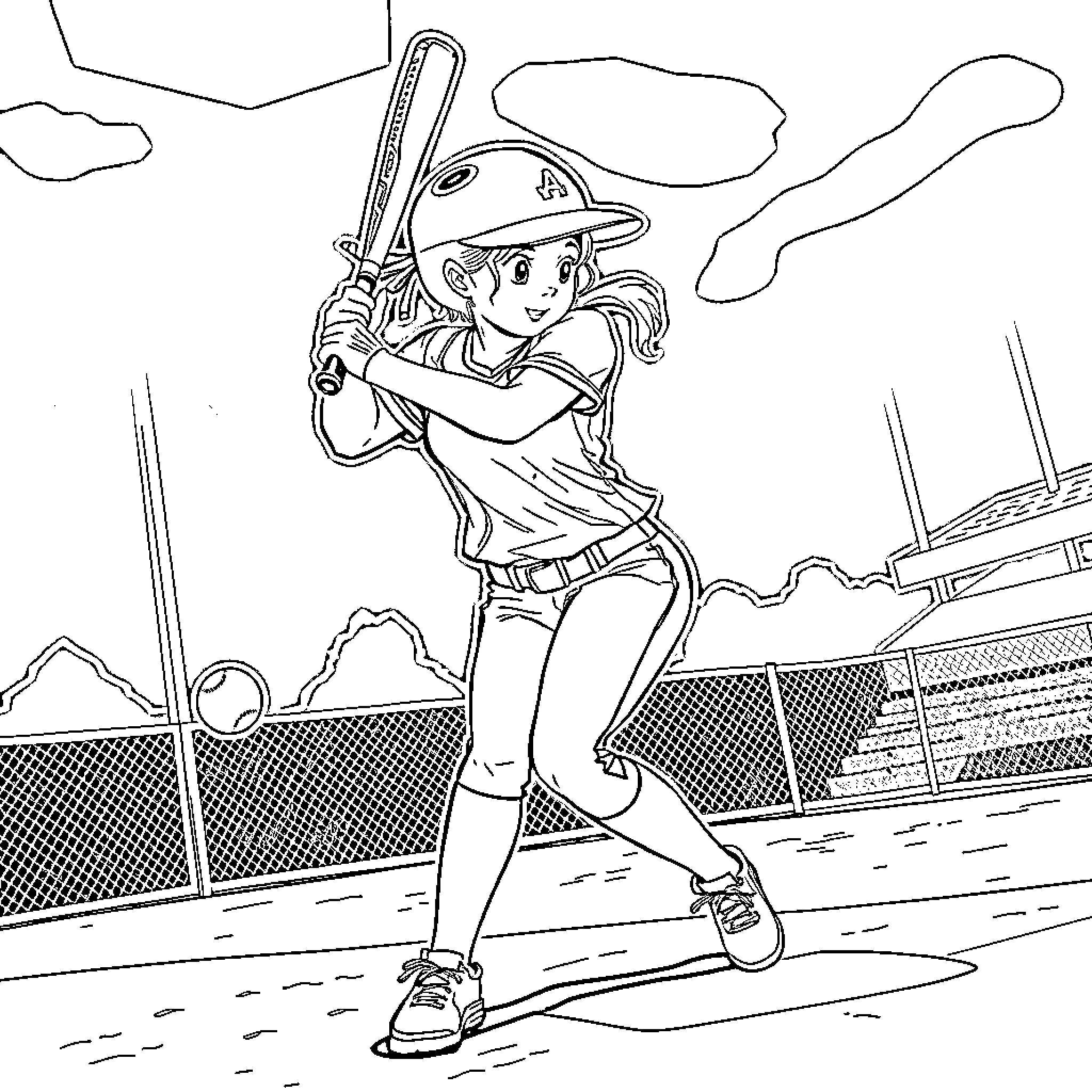 Softball Player Swinging Bat on Field Coloring Page (free black-and-white line drawing printable PDF for all, from beginners to advanced learners, including children, teens, adults, and seniors)