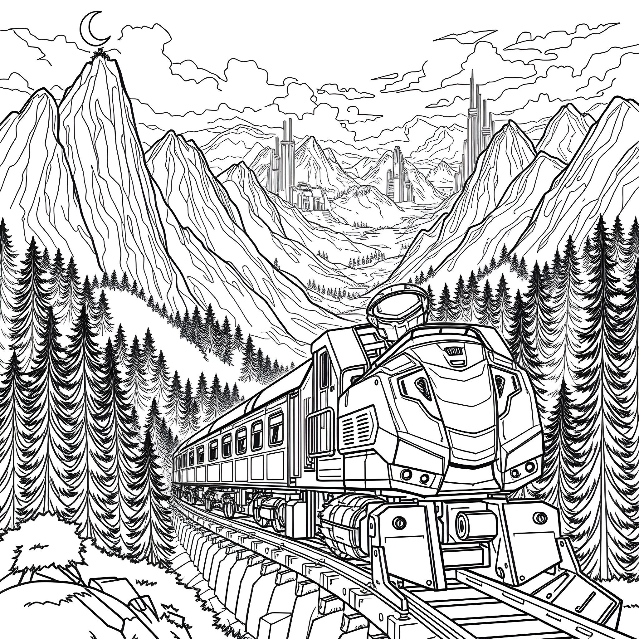 Master Chief Explores Futuristic Mountain Landscape Coloring Page (free black-and-white line drawing printable PDF for all, from beginners to advanced learners, including children, teens, adults, and seniors)