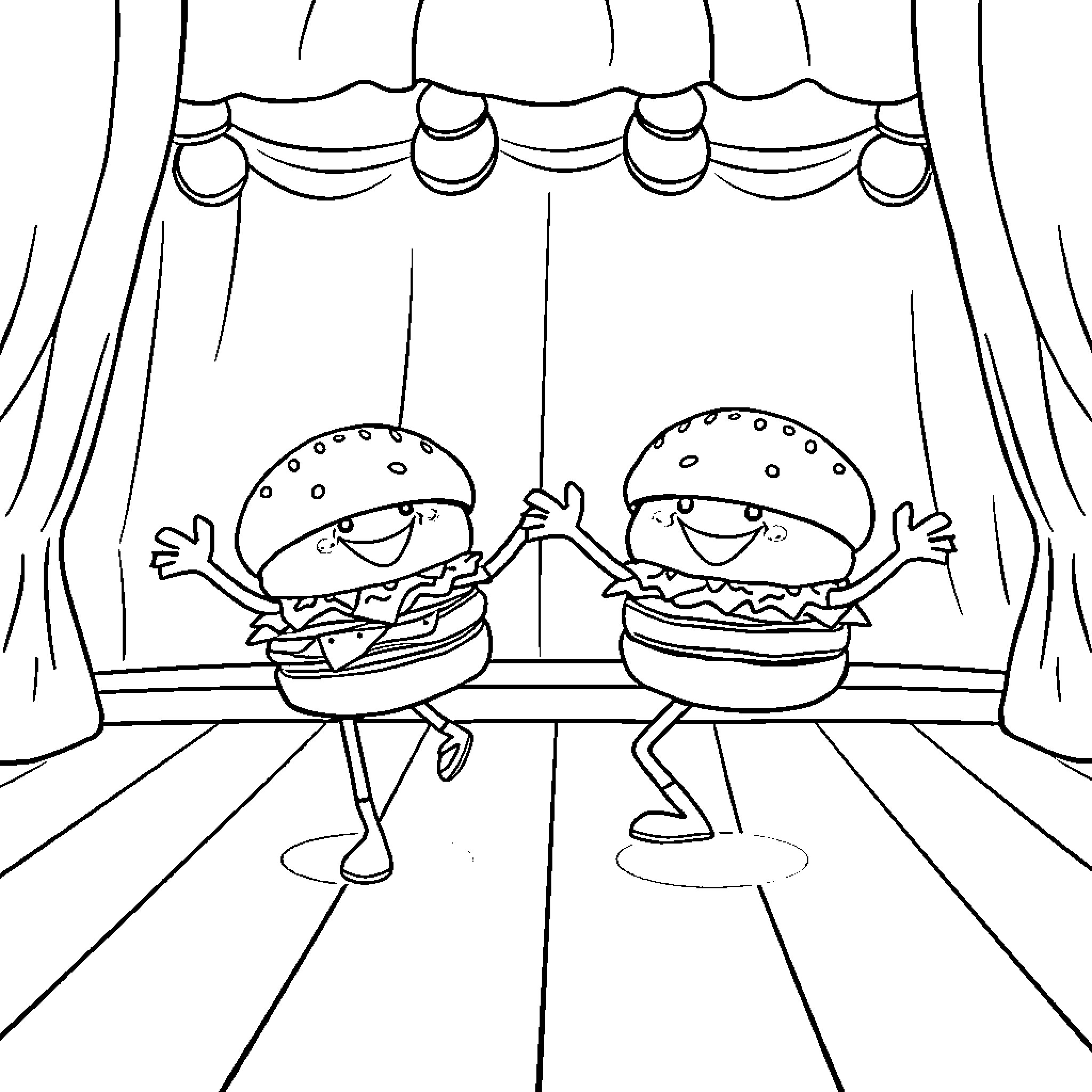 Hamburger characters performing on stage Coloring Page (free black-and-white line drawing printable PDF for all, from beginners to advanced learners, including children, teens, adults, and seniors)