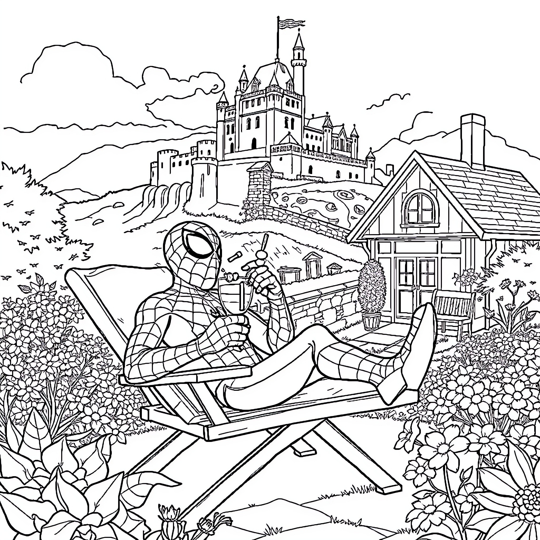 Spiderman relaxing in the garden near a castle Coloring Page (free black-and-white line drawing printable PDF for all, from beginners to advanced learners, including children, teens, adults, and seniors)