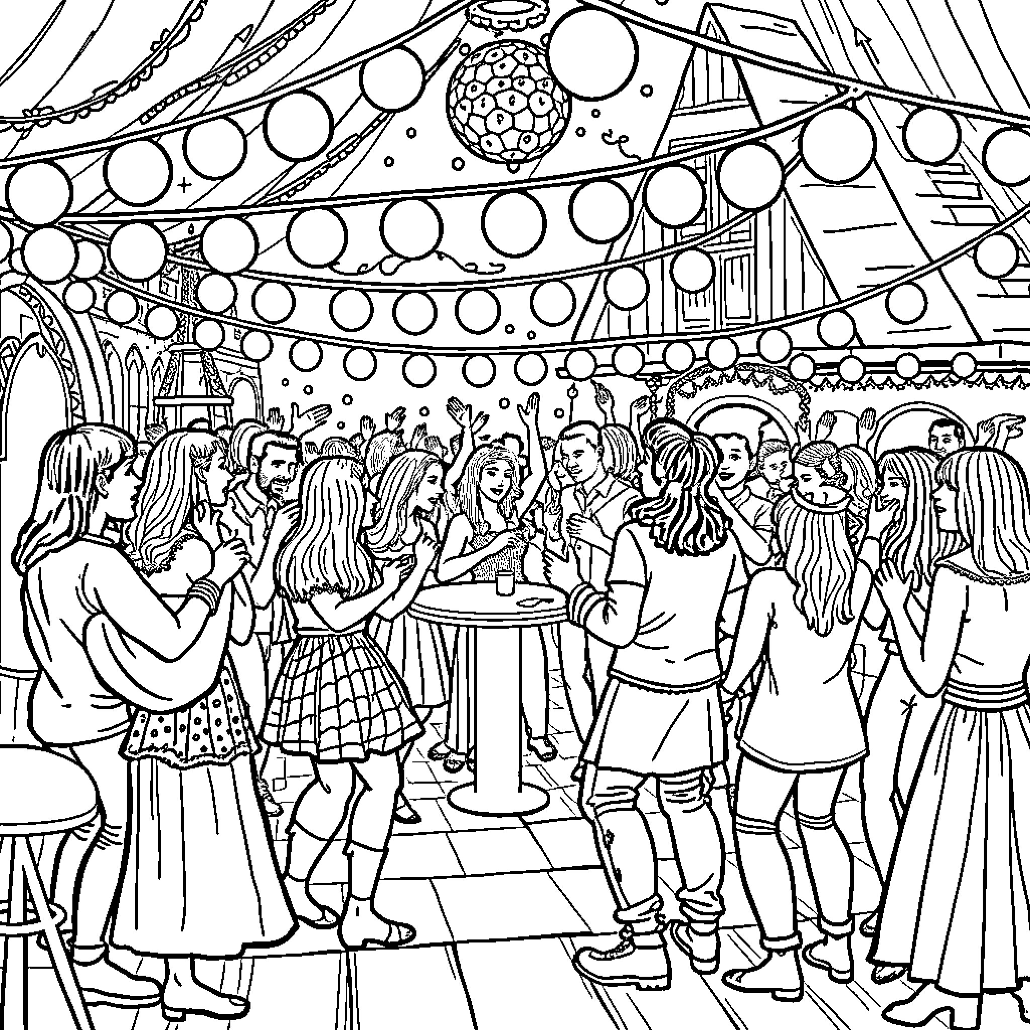 Party scene with vibrant decorations and joyous crowd Coloring Page (free black-and-white line drawing printable PDF for all, from beginners to advanced learners, including children, teens, adults, and seniors)