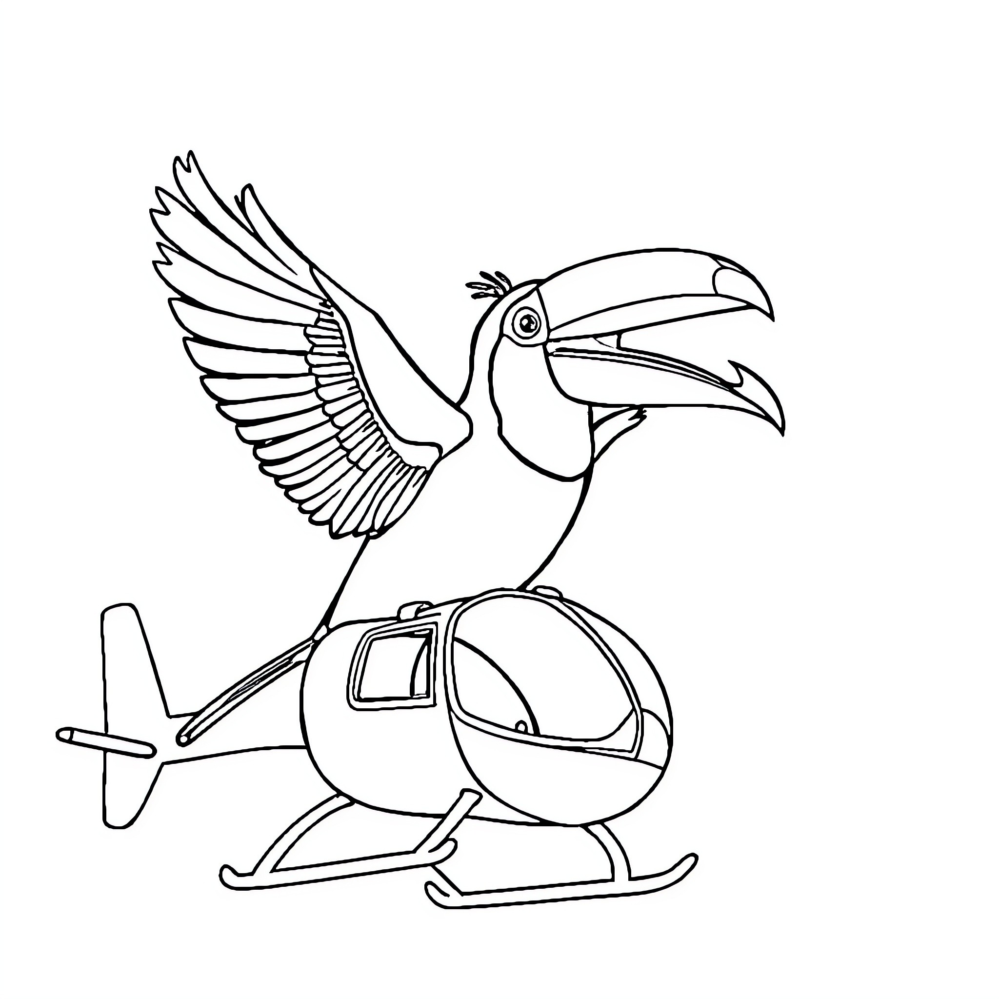 Toucan flying with a helicopter Coloring Page (free black-and-white line drawing printable PDF for all, from beginners to advanced learners, including children, teens, adults, and seniors)