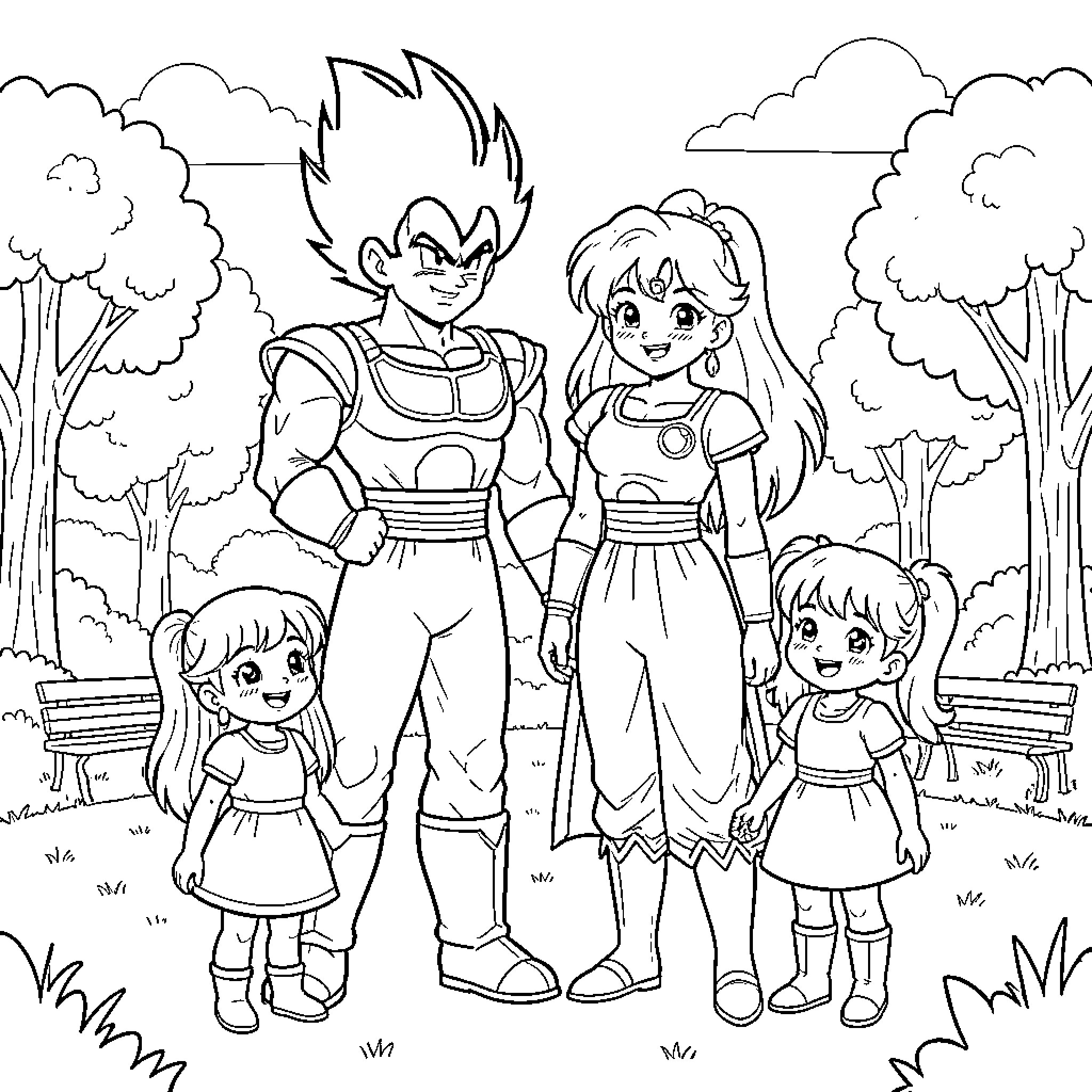 Vegeta and his family enjoying a day outdoors Coloring Page (free black-and-white line drawing printable PDF for all, from beginners to advanced learners, including children, teens, adults, and seniors)