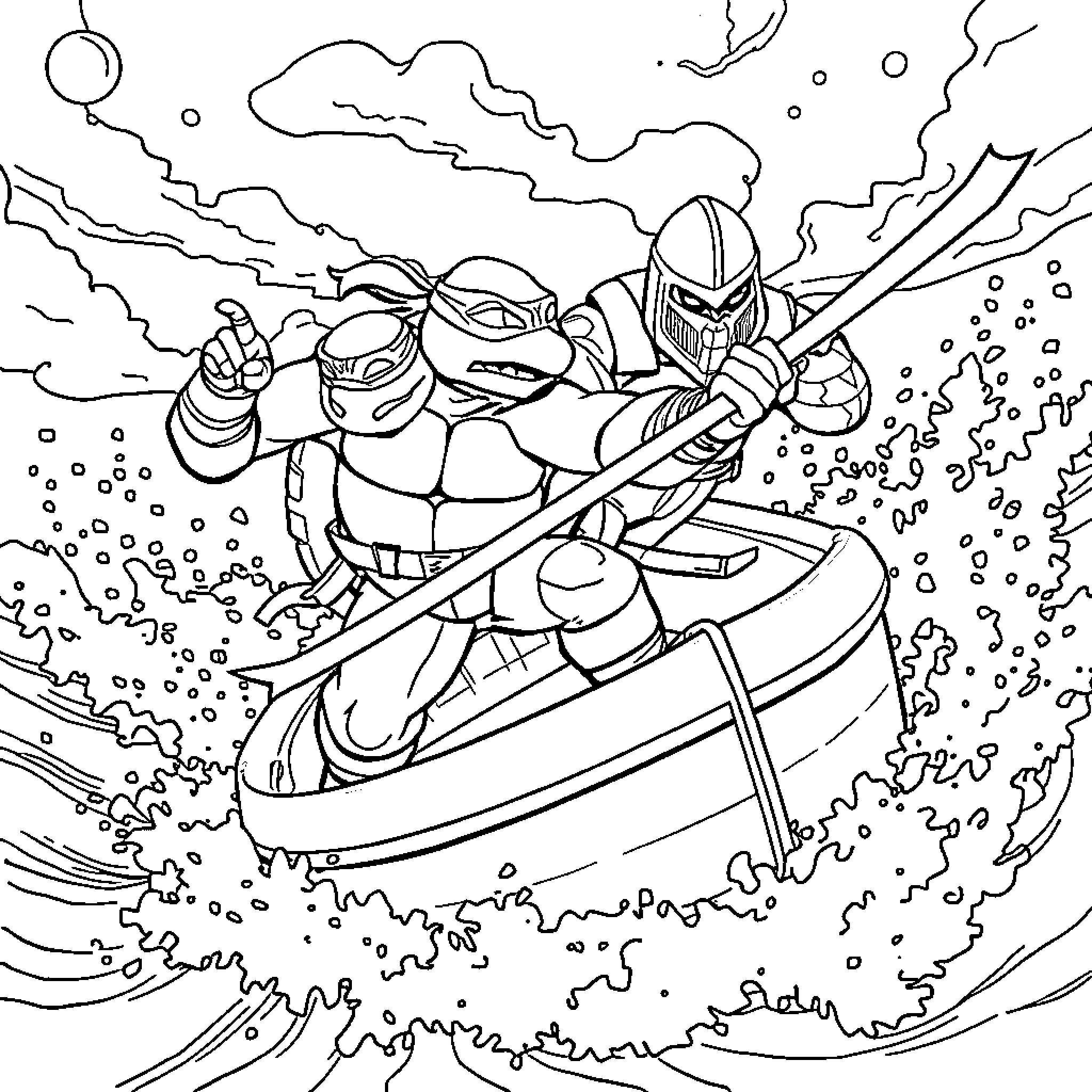 Ninja Turtle riding hovercraft in action-packed scene Coloring Page (free black-and-white line drawing printable PDF for all, from beginners to advanced learners, including children, teens, adults, and seniors)