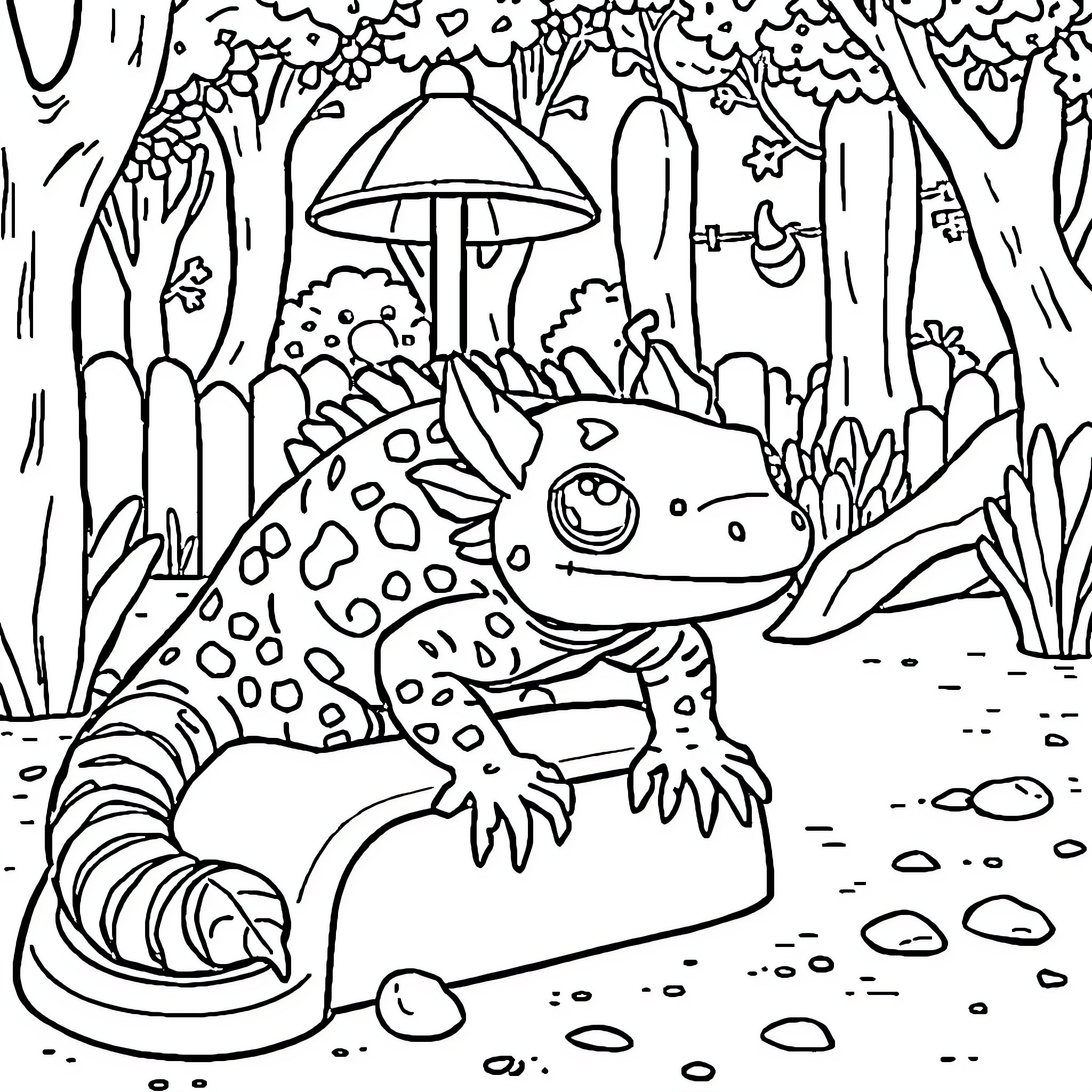 Axolotl enjoying a cozy mushroom in the forest Coloring Page (free black-and-white line drawing printable PDF for all, from beginners to advanced learners, including children, teens, adults, and seniors)