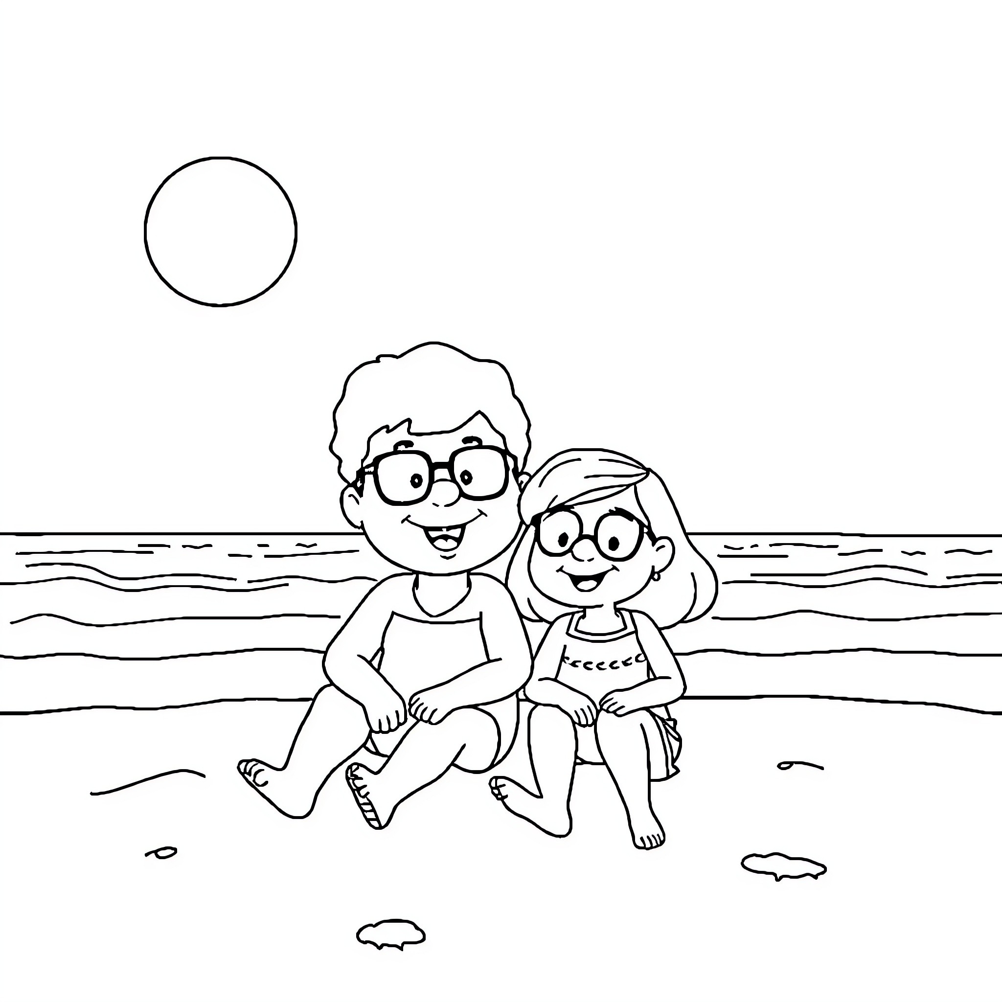 Bob and friend enjoy day at the beach Coloring Page (free black-and-white line drawing printable PDF for all, from beginners to advanced learners, including children, teens, adults, and seniors)