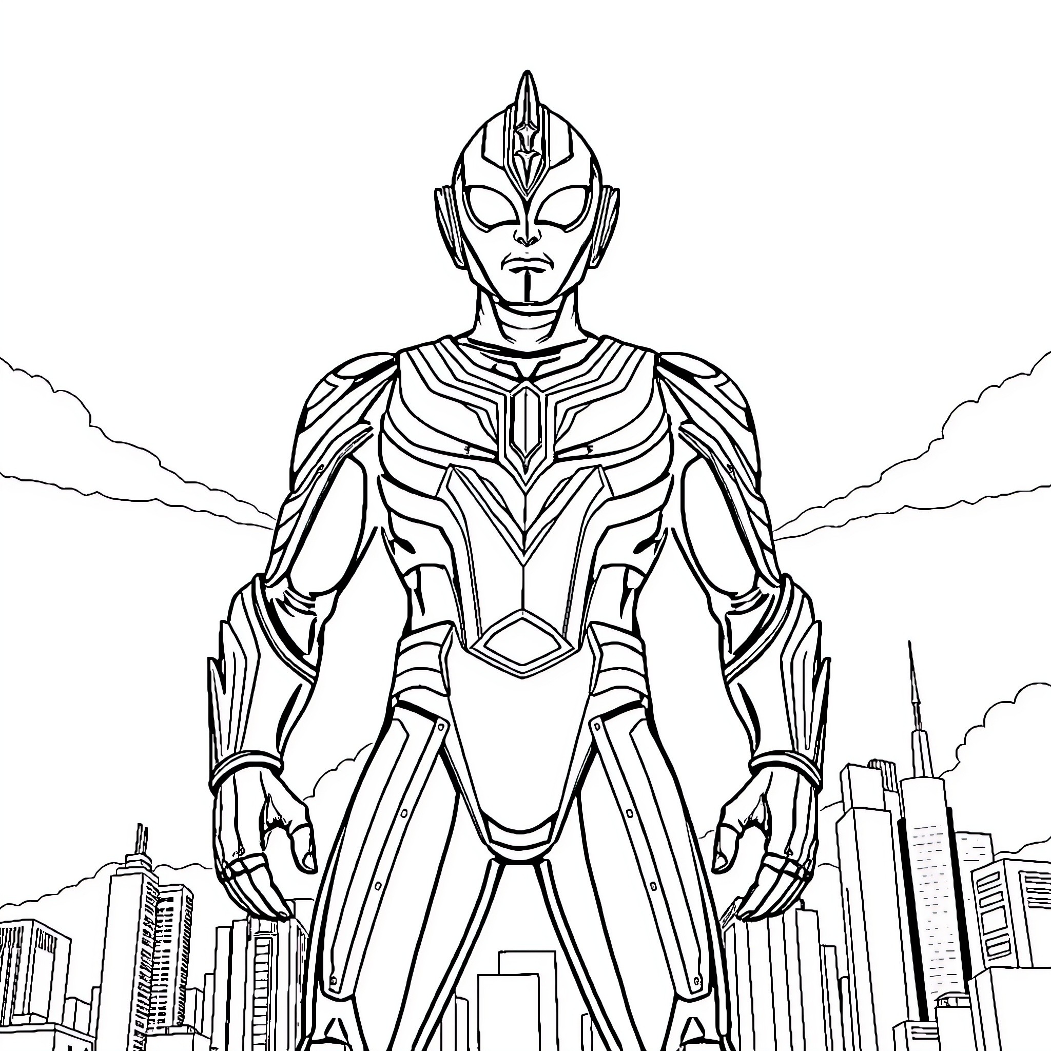 Ultraman standing tall in the city Coloring Page (free black-and-white line drawing printable PDF for all, from beginners to advanced learners, including children, teens, adults, and seniors)