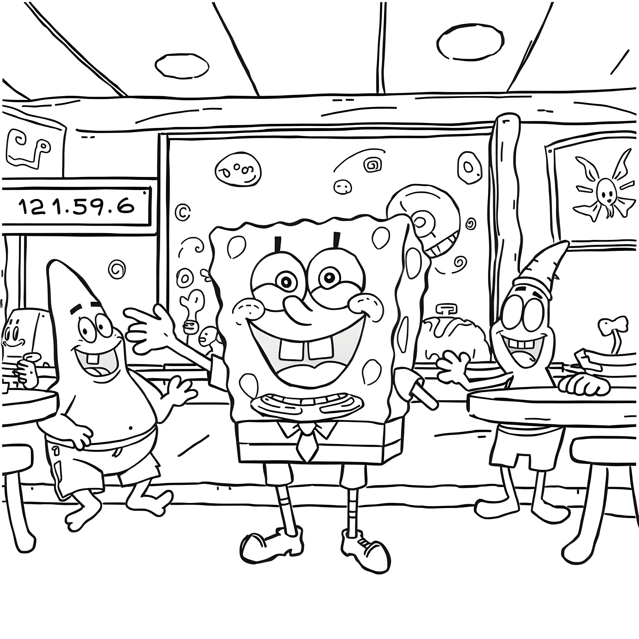 Spongebob and friends in their colorful underwater home Coloring Page (free black-and-white line drawing printable PDF for all, from beginners to advanced learners, including children, teens, adults, and seniors)